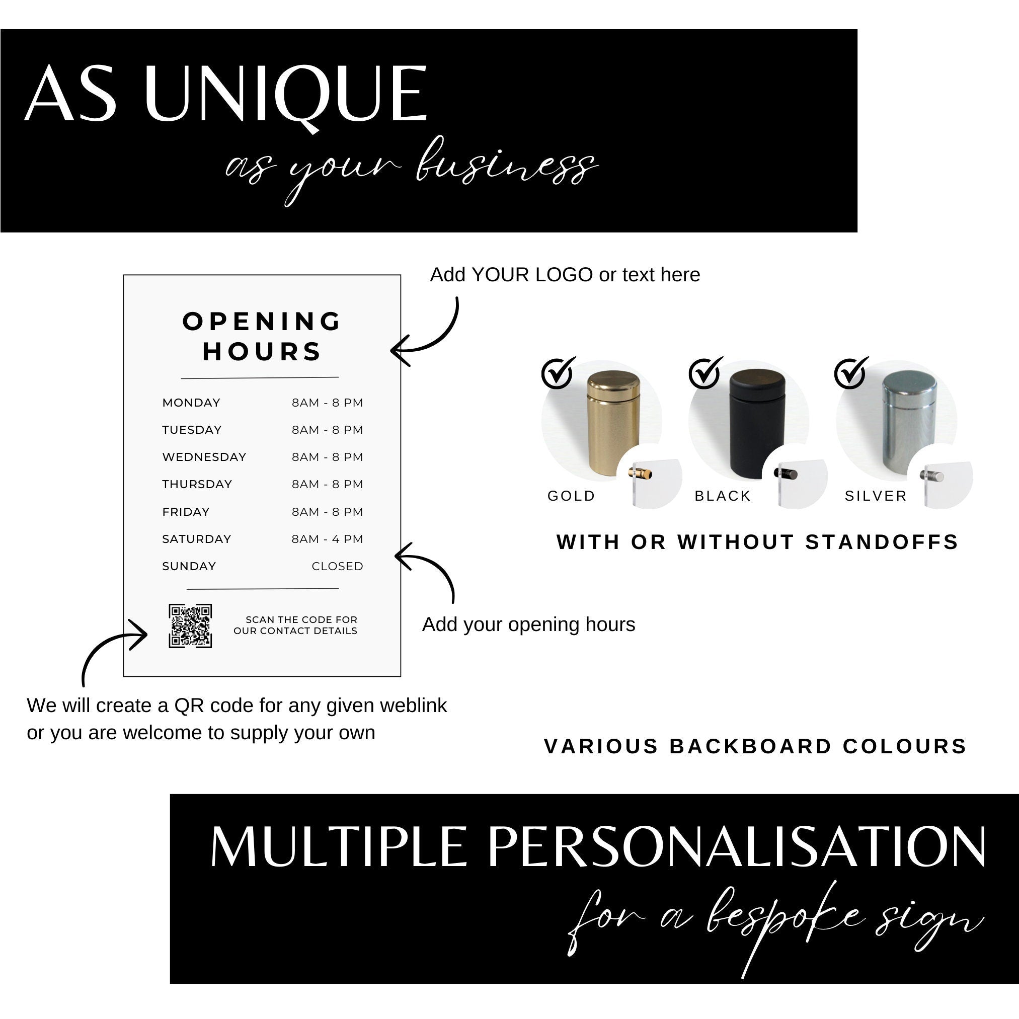 Custom Printed Acrylic Business Hours Sign, Personalised Shop Opening Times, QR Code Signage Plaque, Outdoor Office Sign, Reception, Door