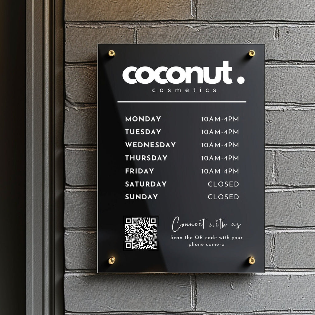 shop opening times and QR code printed on to a acrylic sign that is mounted to the wall using standoff fixings