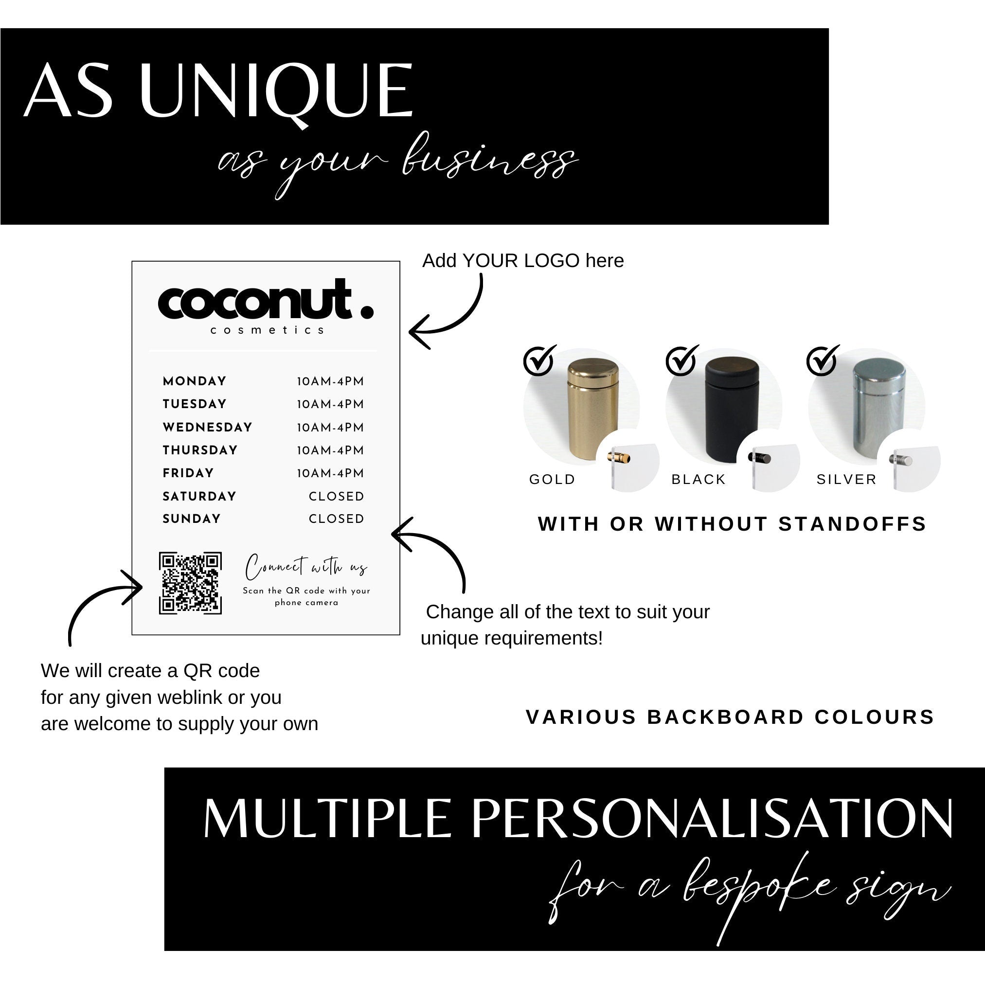 Personalised Opening Times Acrylic Sign Business Logo Plaque Shop Opening Times Open Hours information QR Code Signage Salon Sign