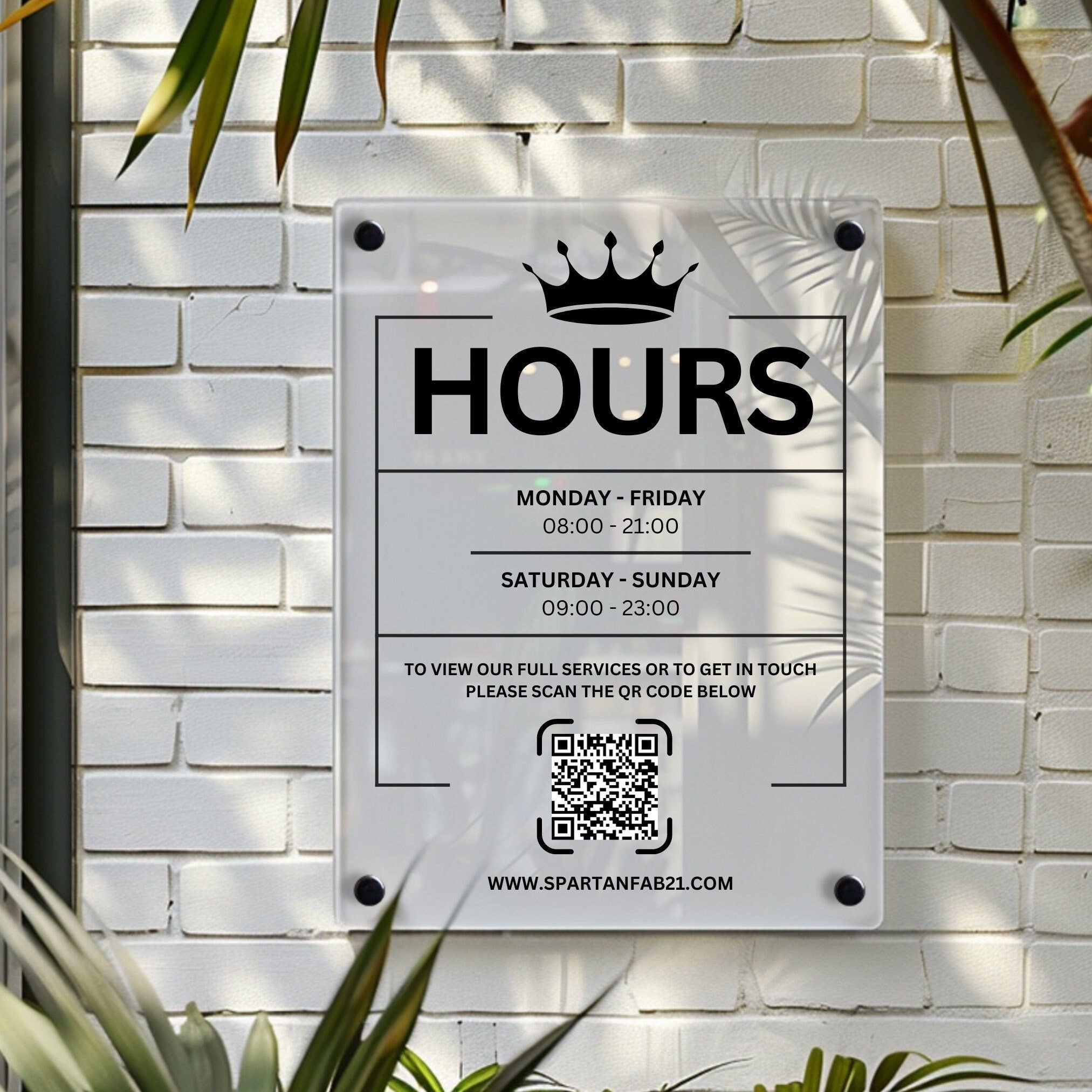Custom Printed Acrylic Business Hours Sign, Personalised Shop Opening Times, QR Code Signage Plaque, Outdoor Office Sign, Reception, Door