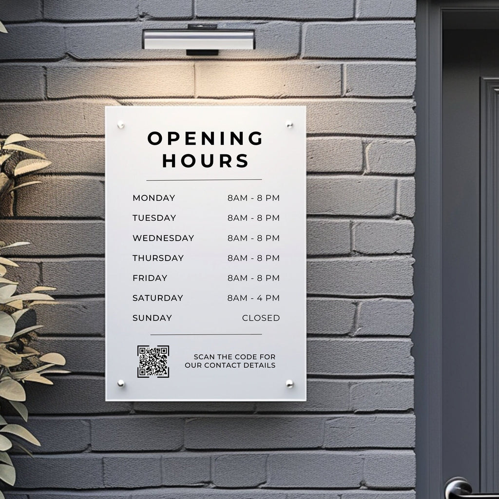 shop opening times and QR code printed on to a acrylic sign that is mounted to the wall using standoff fixings