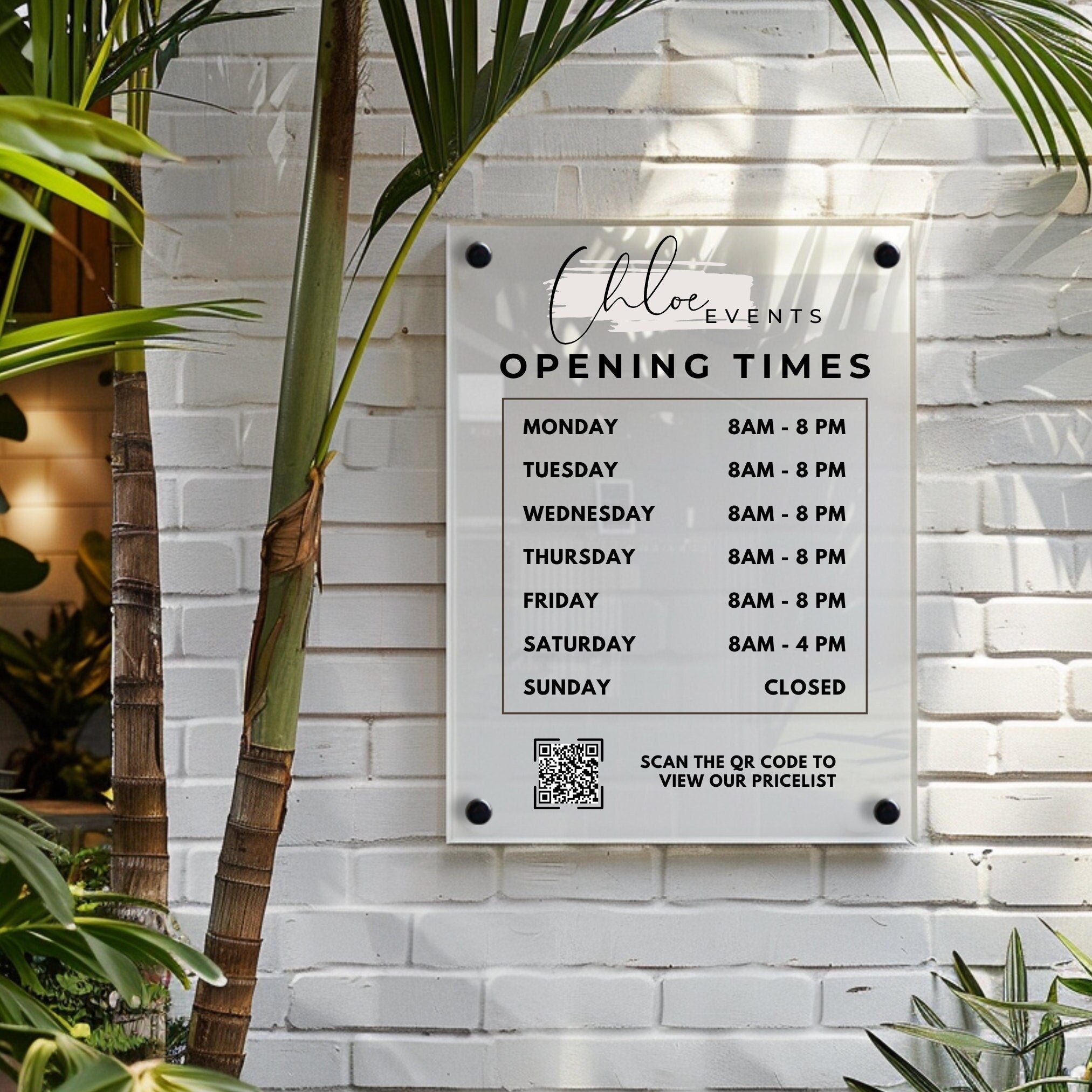 Custom Printed Acrylic Business Hours Sign, Personalised Shop Opening Times, QR Code Signage Plaque, Outdoor Office Sign, Reception, Door