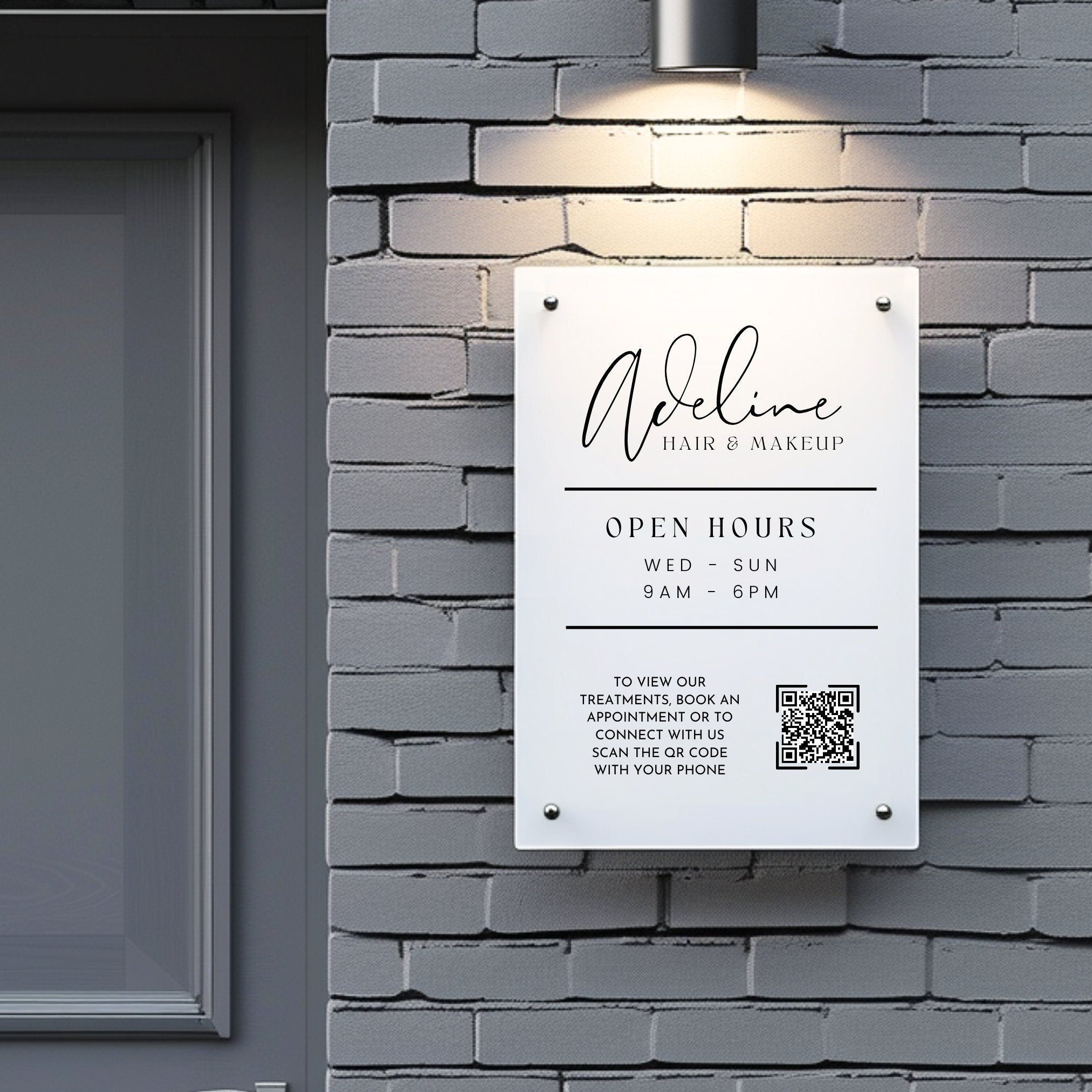 shop opening times and QR code printed on to a acrylic sign that is mounted to the wall using standoff fixings