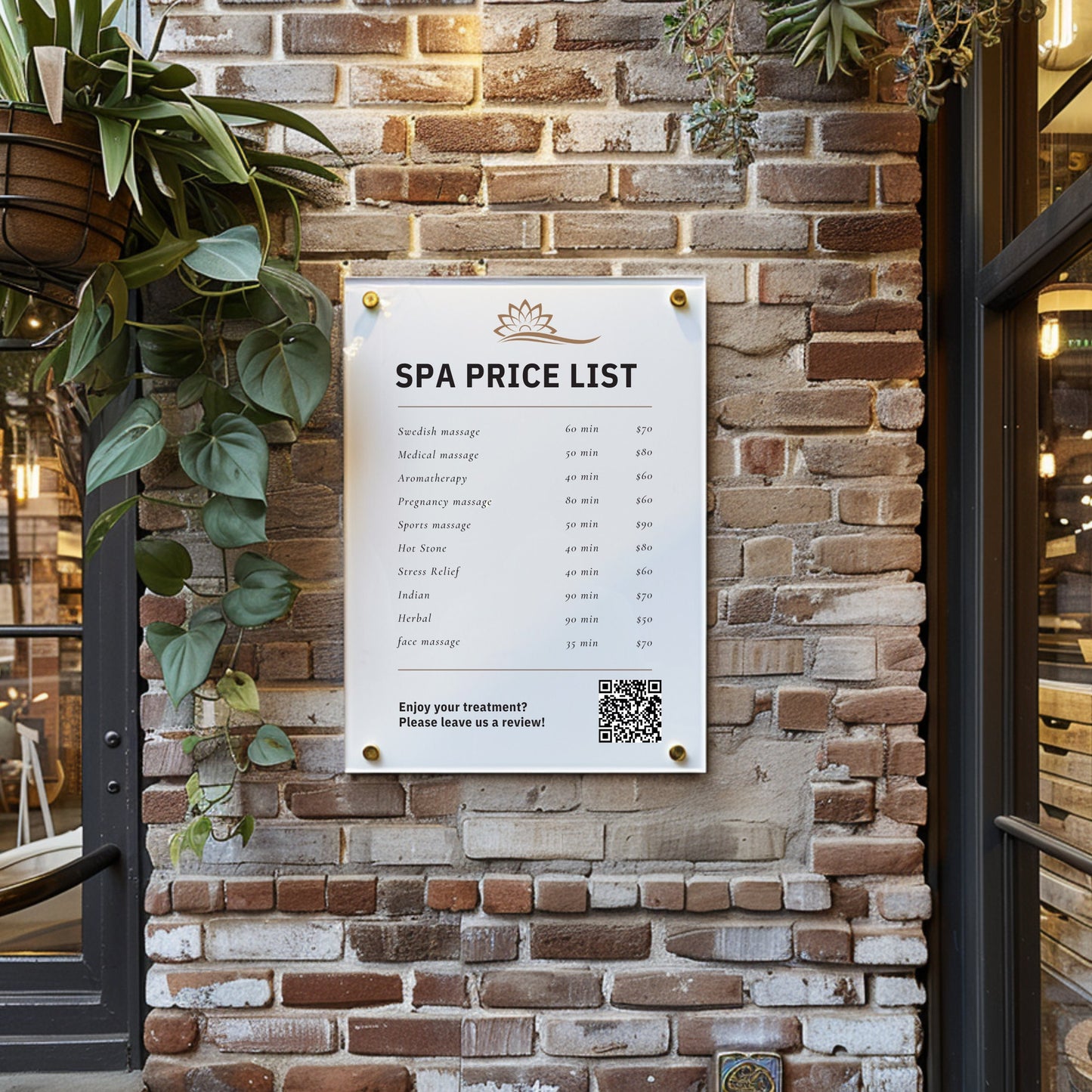 Custom Printed Acrylic Price List & Treatment Menu Sign, Personalised Logo & QR Code - By Victoria Maxwell