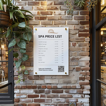 Custom Printed Acrylic Price List & Treatment Menu Sign, Personalised Logo & QR Code - By Victoria Maxwell
