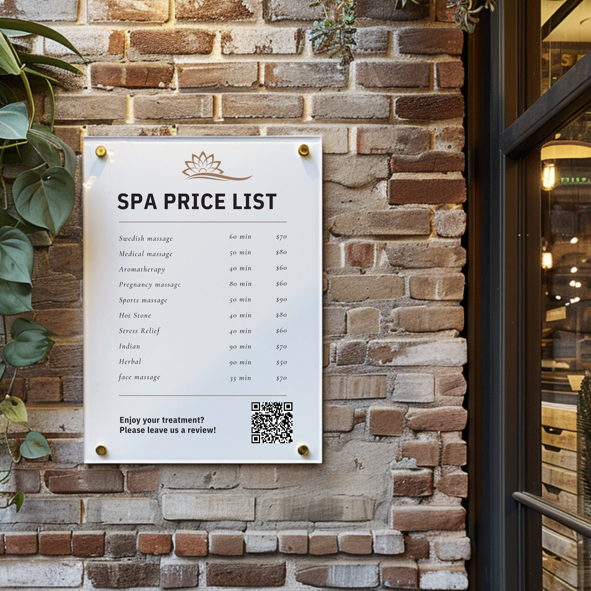 Custom Printed Acrylic Price List & Treatment Menu Sign, Personalised Logo & QR Code - By Victoria Maxwell