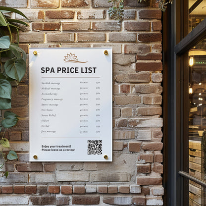Custom Printed Acrylic Price List & Treatment Menu Sign, Personalised Logo & QR Code - By Victoria Maxwell