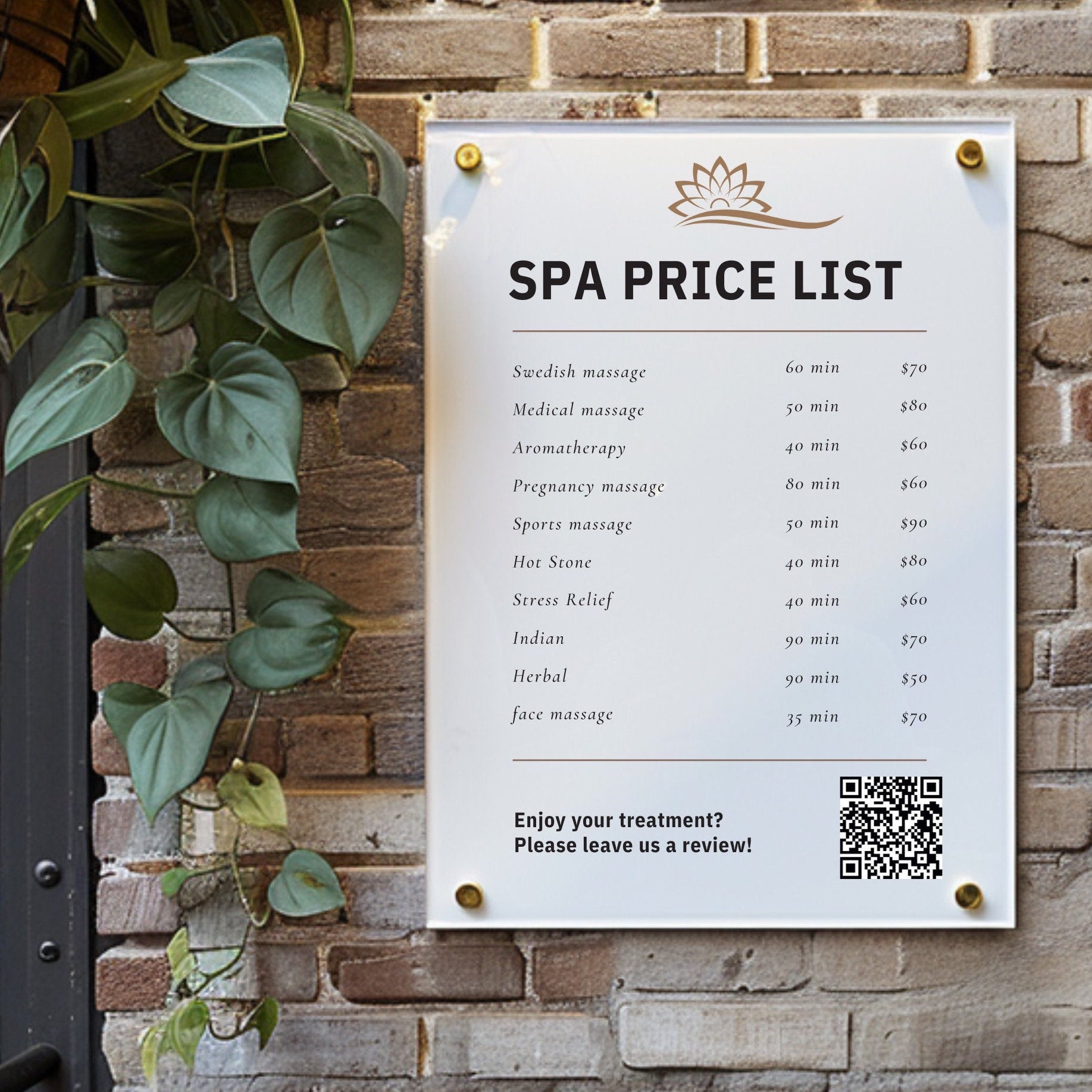 salon spa or hairdresser wall mounted personalised price list, Acrylic business sign