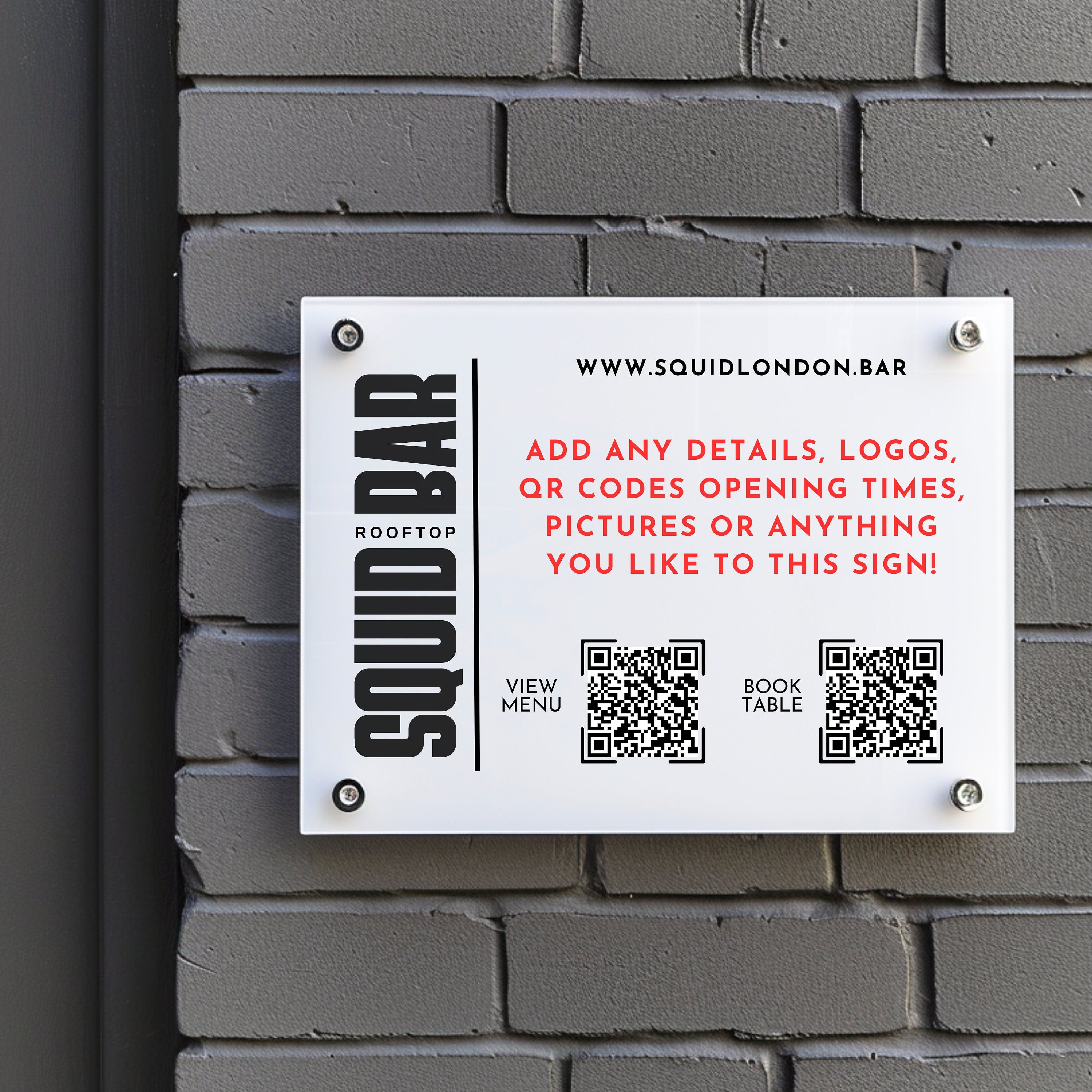 Personalised Acrylic Sign, Custom QR Code Plaque, Business Hours Times, Book Now, View Menu