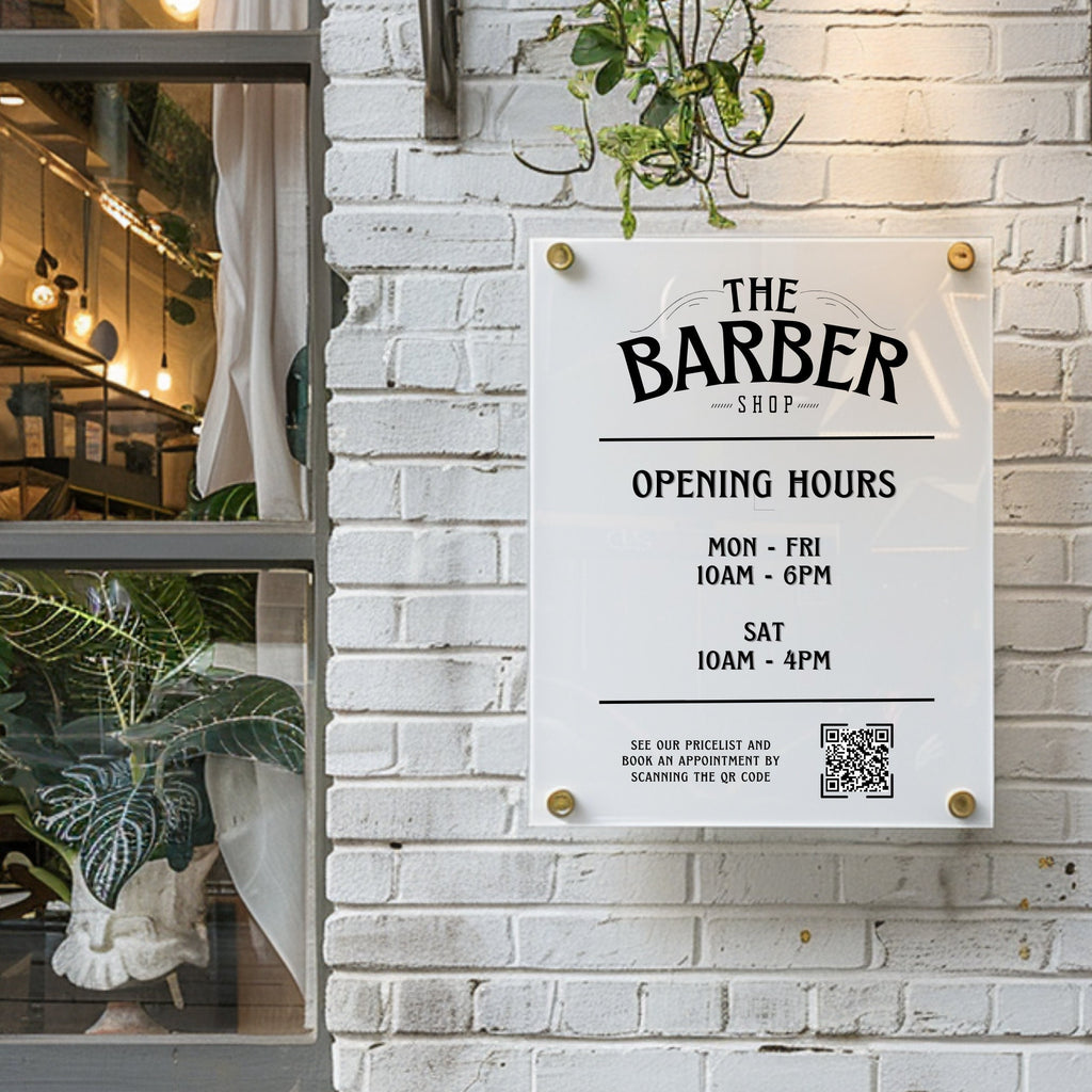 Personalized Barber Shop Hours Sign with QR Code - Custom Acrylic Business Plaque for Outdoor Display