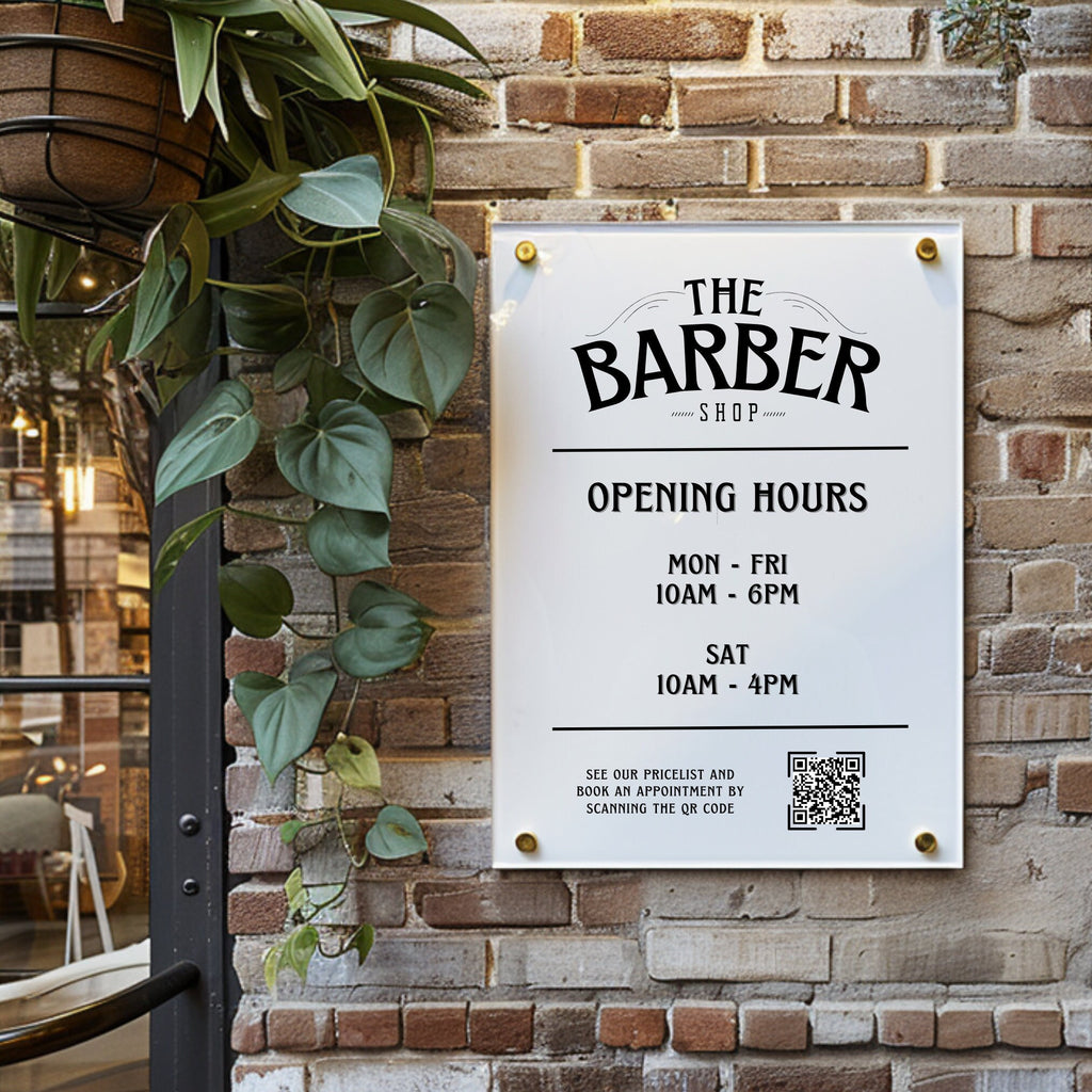 Personalized Barber Shop Hours Sign with QR Code - Custom Acrylic Business Plaque for Outdoor Display