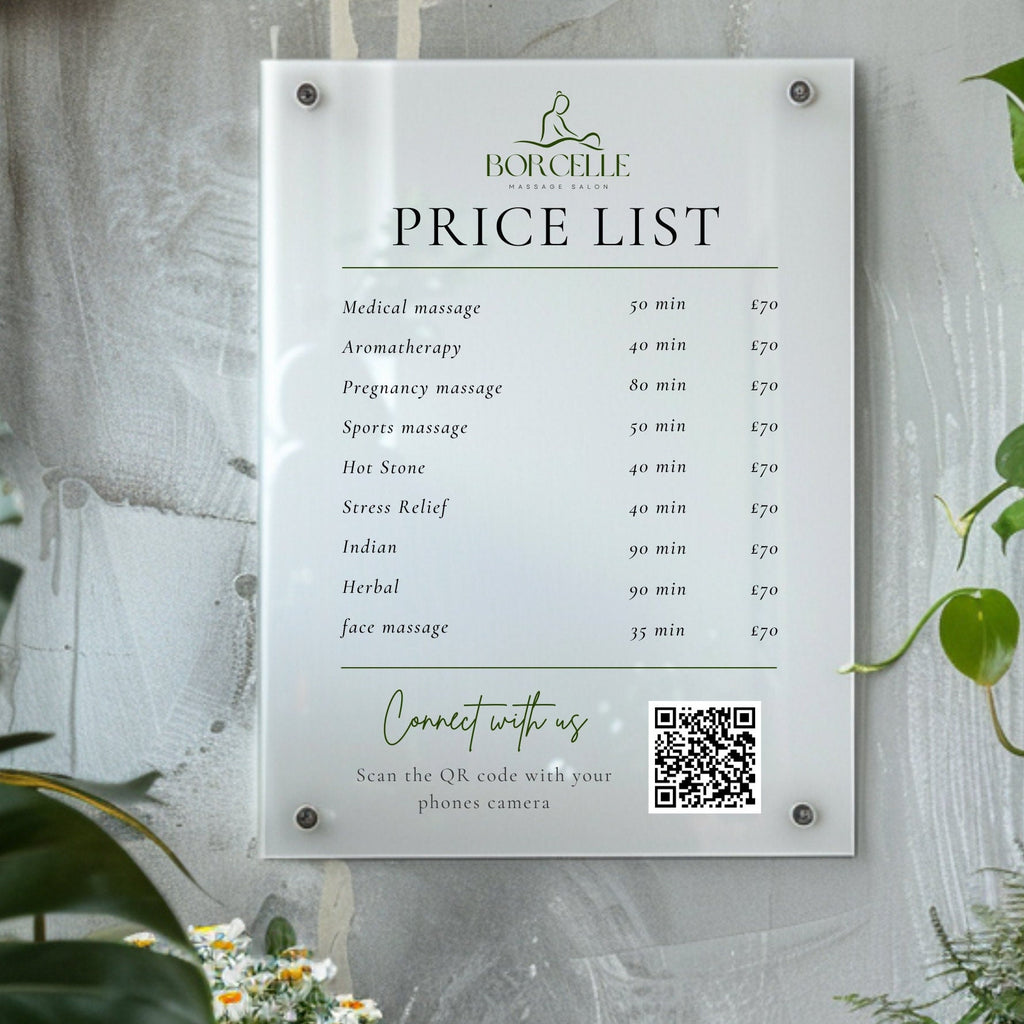 Personalised Clear  Acrylic Wall Sign, Treatment and Service Menu Price List. Suitable for Beauty Salons, Hairdressers, Aestheticians & Barbers. Scan to connect QR code for social media or Scan to pay option