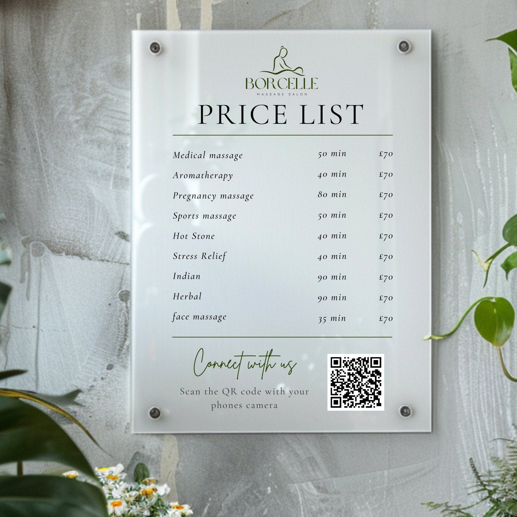 Personalised Clear  Acrylic Wall Sign, Treatment and Service Menu Price List. Suitable for Beauty Salons, Hairdressers, Aestheticians & Barbers. Scan to connect QR code for social media or Scan to pay option