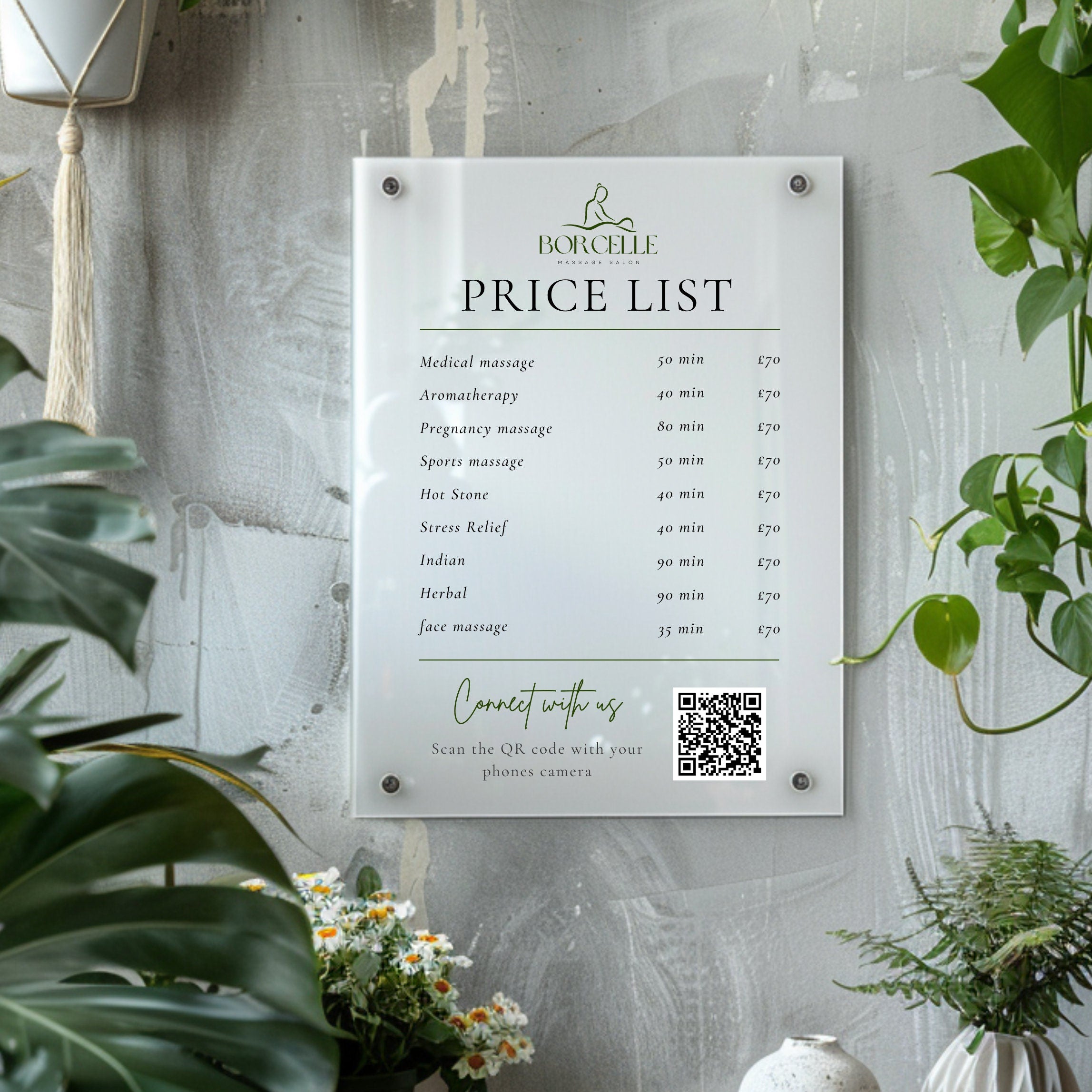 Personalised Clear  Acrylic Wall Sign, Treatment and Service Menu Price List. Suitable for Beauty Salons, Hairdressers, Aestheticians & Barbers. Scan to connect QR code for social media or Scan to pay option
