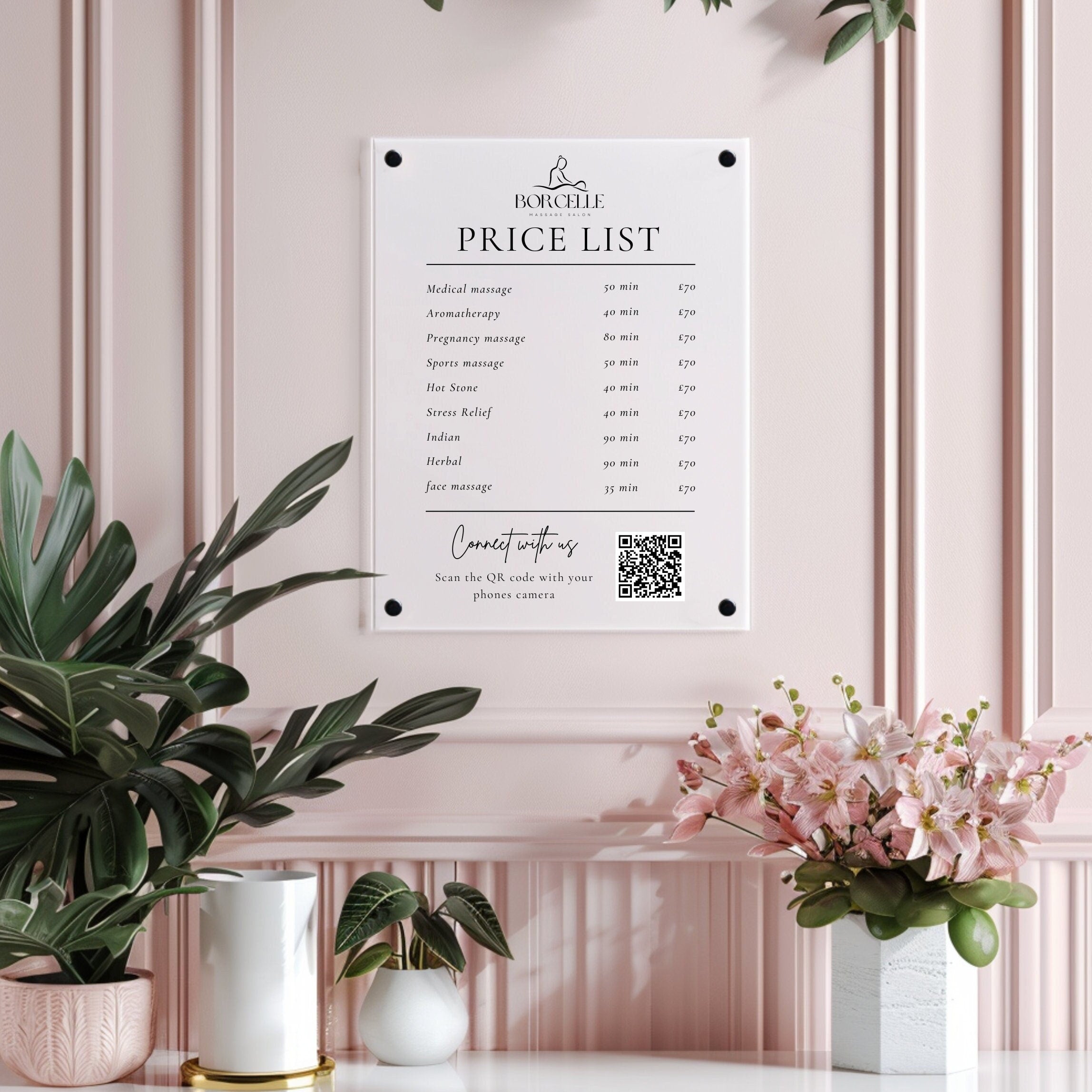 Personalised White Acrylic Wall Sign, Treatment and Service Menu Price List. Suitable for Beauty Salons, Hairdressers, Aestheticians & Barbers. Scan to connect QR code for social media or Scan to pay option