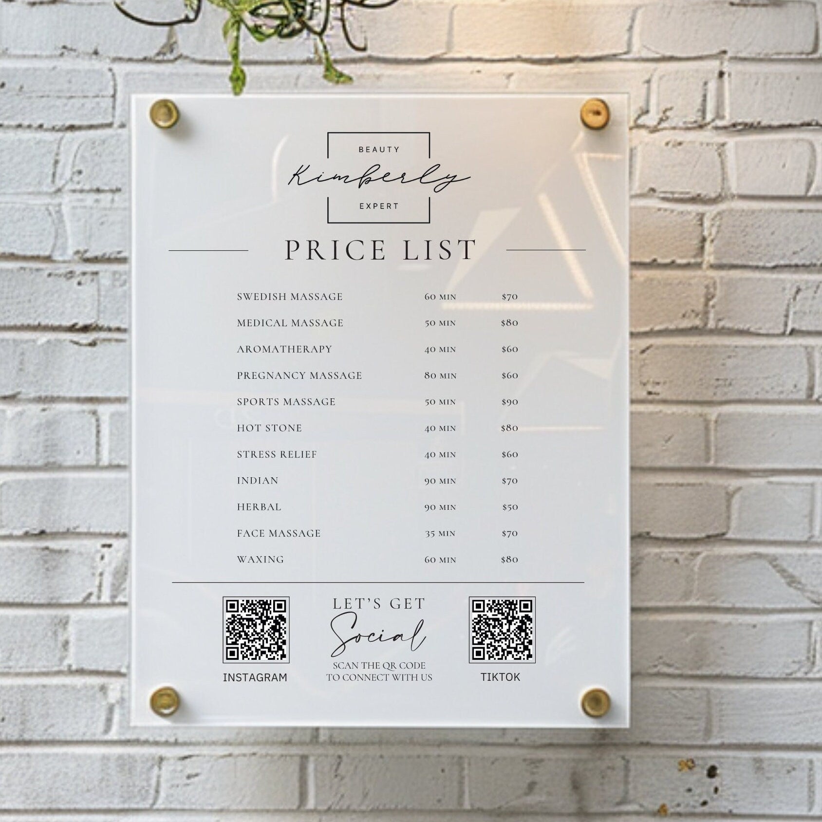 Personalised Acrylic Price List & QR Code | Beauty Salon Wall Sign | Hair Salon | White and Gold Price List | Treatment Board | Pricing Menu