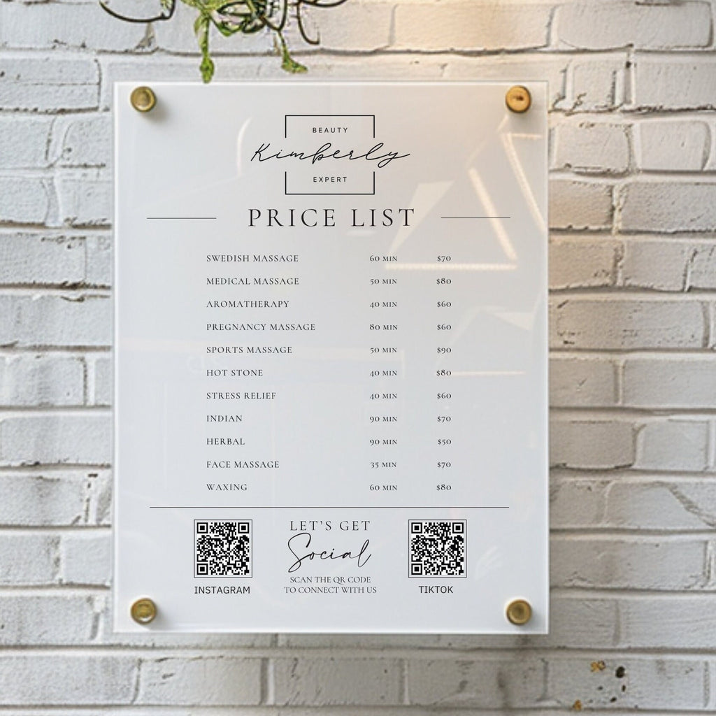 Personalised Acrylic Price List & QR Code | Beauty Salon Wall Sign | Hair Salon | White and Gold Price List | Treatment Board | Pricing Menu