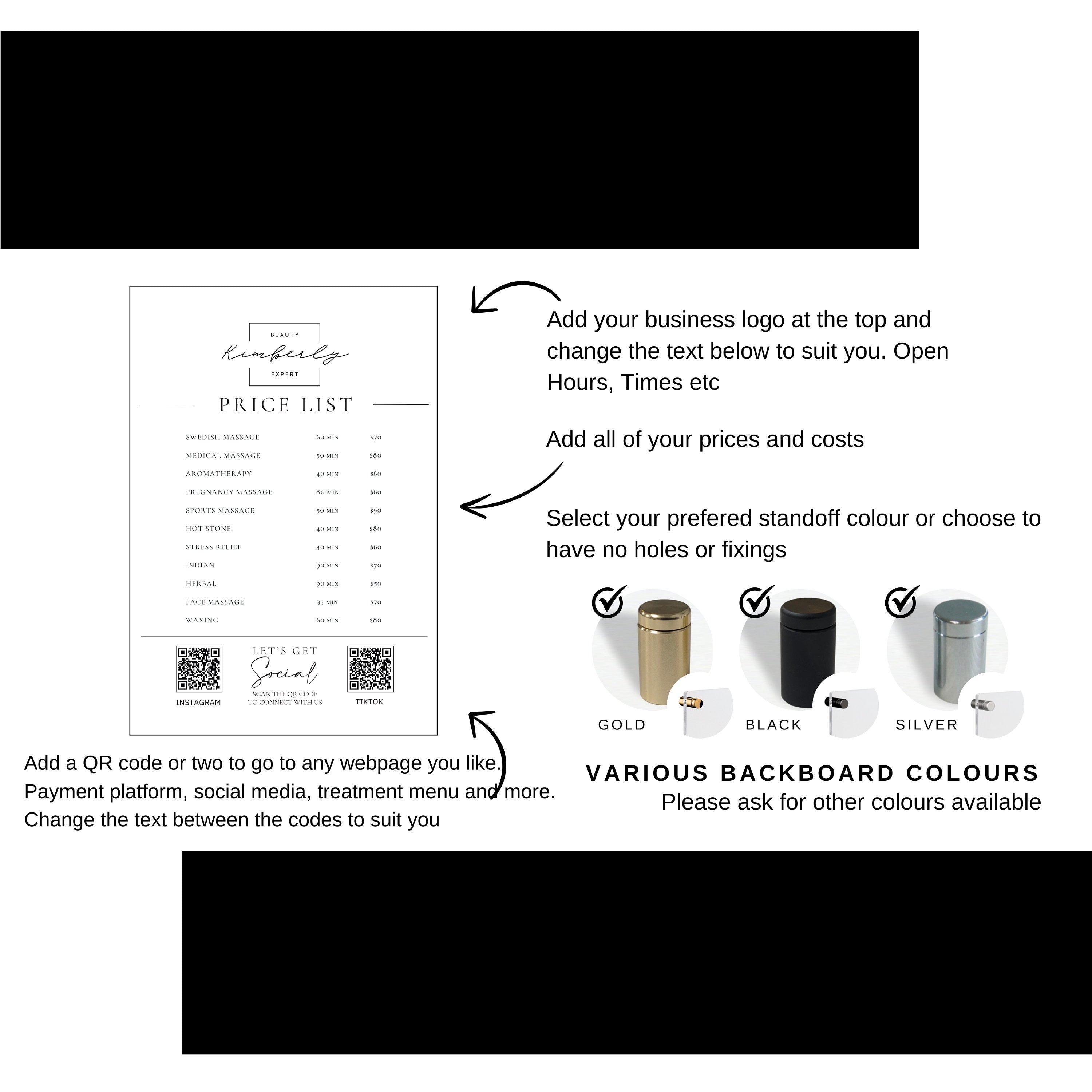 Personalised Acrylic Price List & QR Code | Beauty Salon Wall Sign | Hair Salon | White and Gold Price List | Treatment Board | Pricing Menu