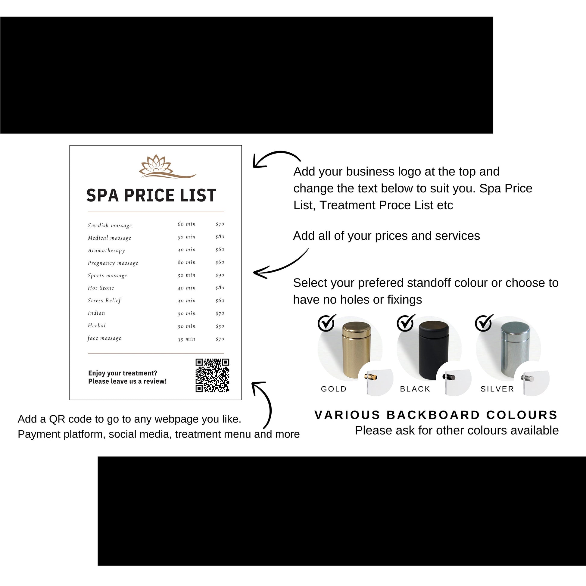 Custom Printed Acrylic Price List & Treatment Menu Sign, Personalised Logo & QR Code - By Victoria Maxwell