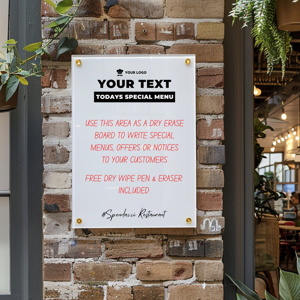 Personalised Acrylic Sign with Business Logo, Dry Wipe Specials Menu, QR Code Signage Plaque Personalised Shop Opening Times