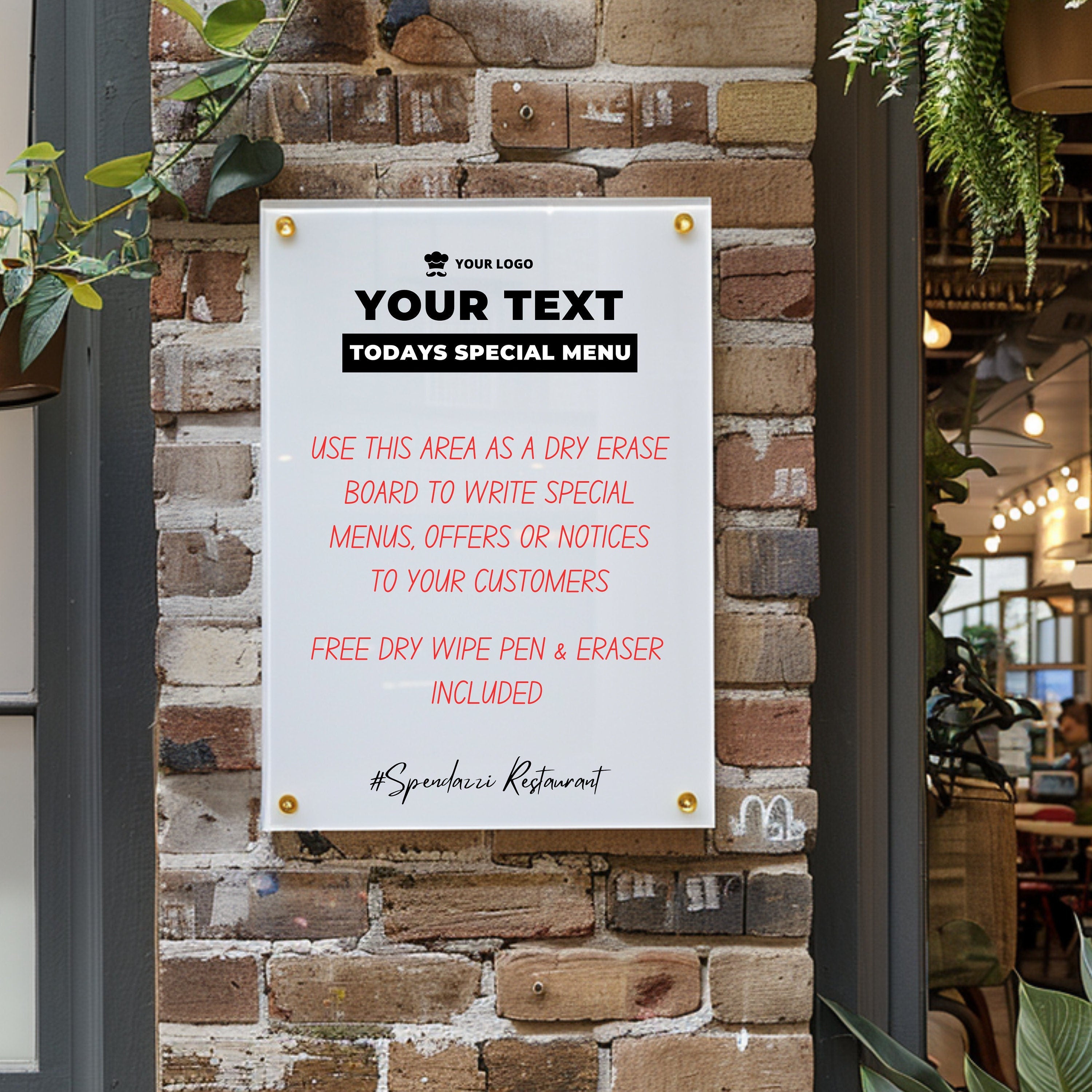 Personalised Acrylic Sign with Business Logo, Dry Wipe Specials Menu, QR Code Signage Plaque Personalised Shop Opening Times
