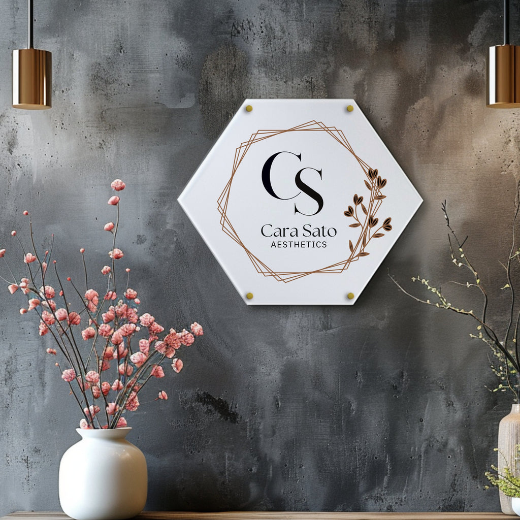 hexagon shape acrylic business logo sign, personalised name plaque, wall mounted