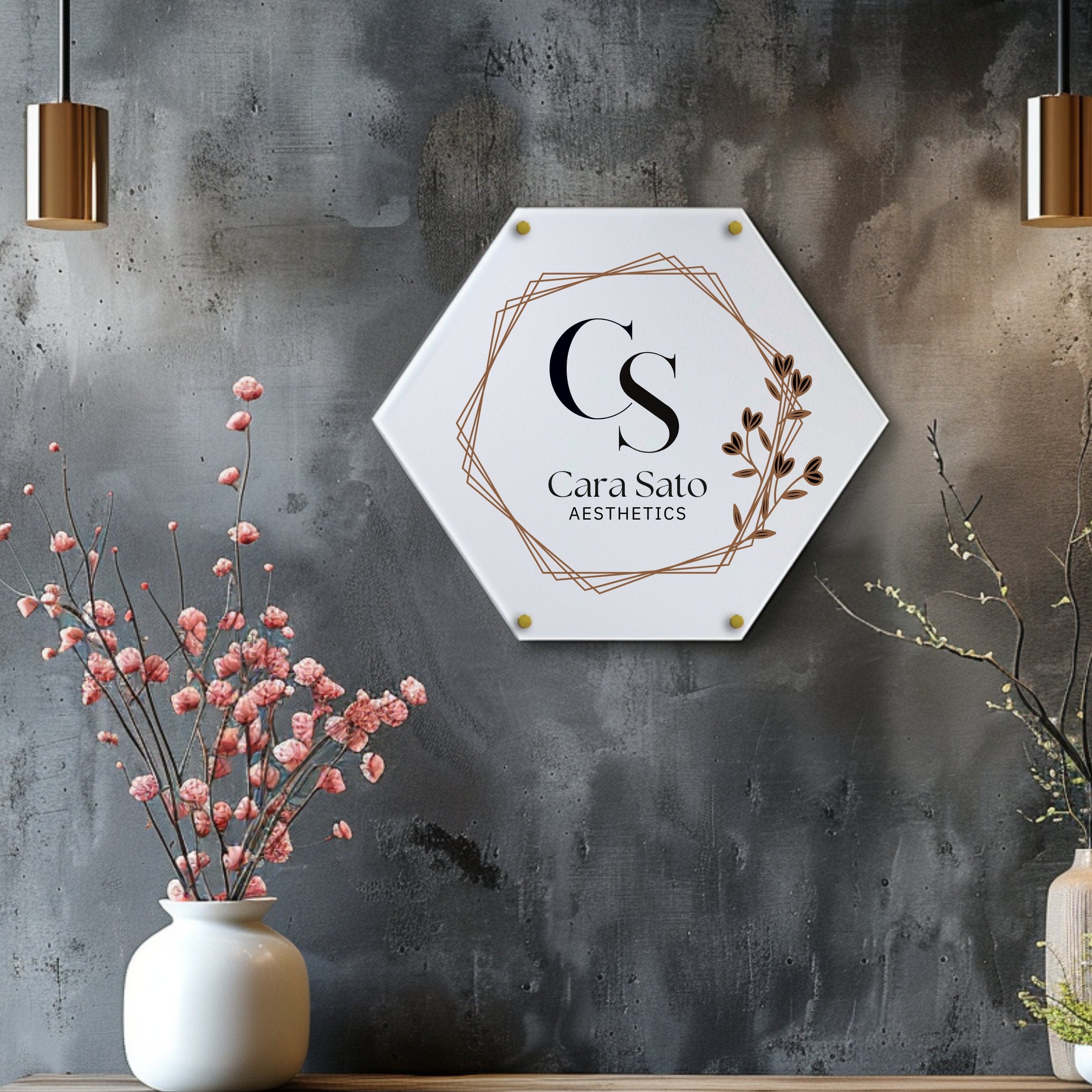 hexagon shape acrylic business logo sign, personalised name plaque, wall mounted