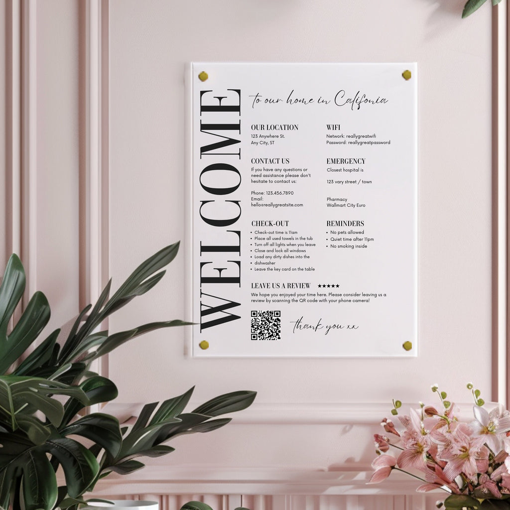 AirBNB guest information acrylic sign, wall mounted personalised holiday rental information board with QR code review