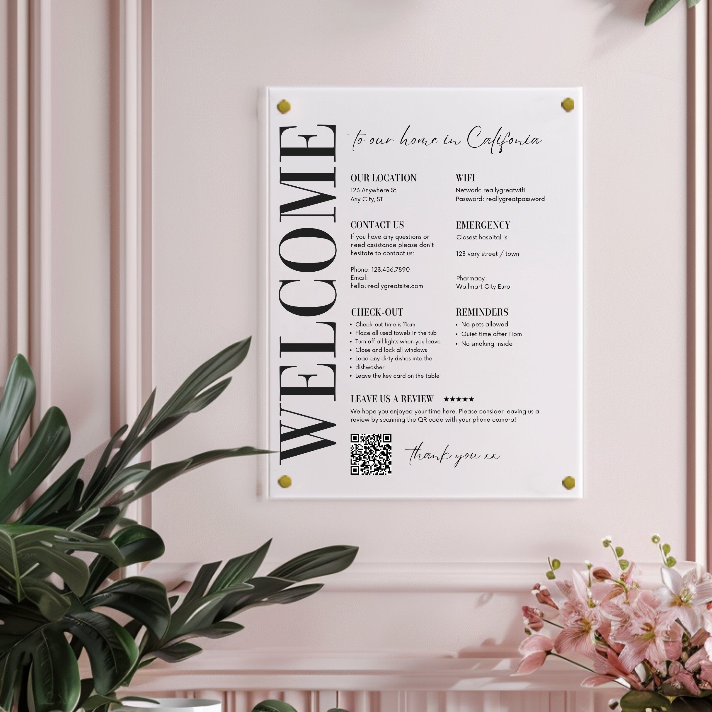 AirBNB guest information acrylic sign, wall mounted personalised holiday rental information board with QR code review