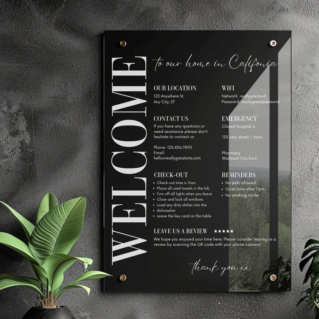 Black AirBNB guest information acrylic sign, wall mounted personalised holiday rental information board with QR code review