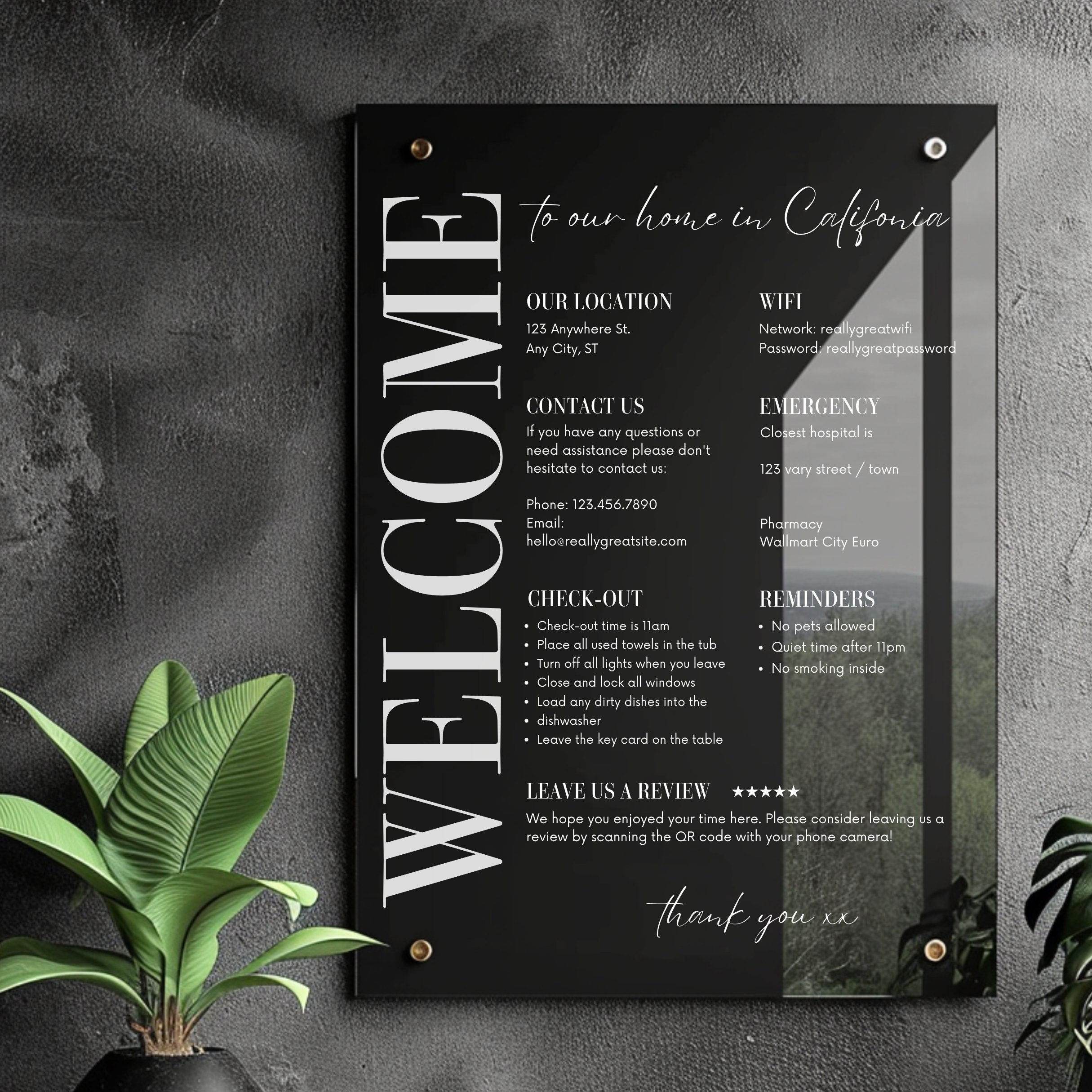 Black AirBNB guest information acrylic sign, wall mounted personalised holiday rental information board with QR code review