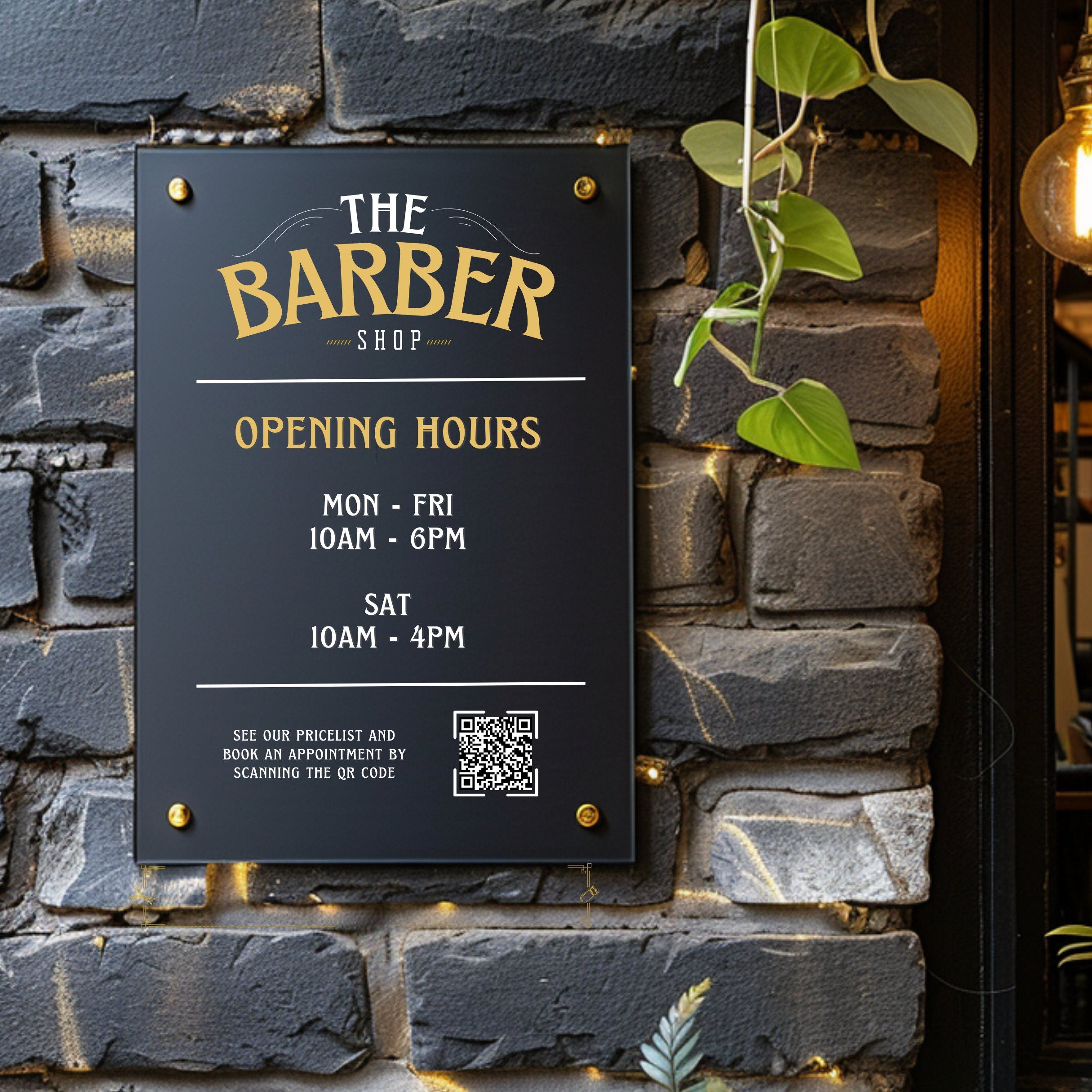 Personalised Barbershop Opening Hours Sign, Men's Grooming Pricelist and Booking Times. QR code for appointment booking or social media engagement
