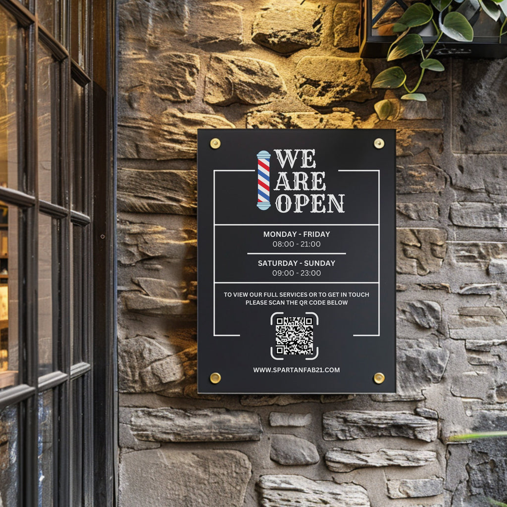 Custom Acrylic Business Hours Sign with QR Code - Personalized Weatherproof Plaque for Shop or Office