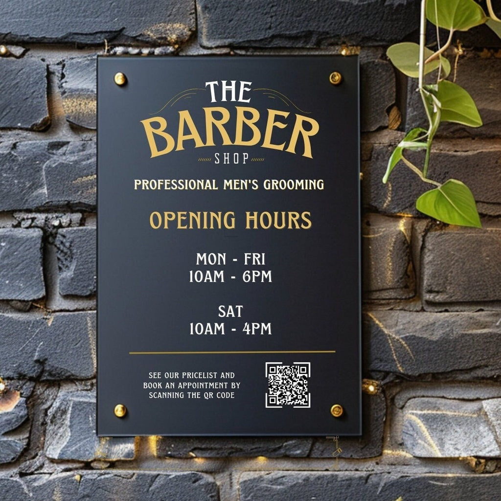Personalised Barbershop Opening Hours Sign, Men's Grooming Pricelist and Booking Times. QR code for appointment booking or social media engagement