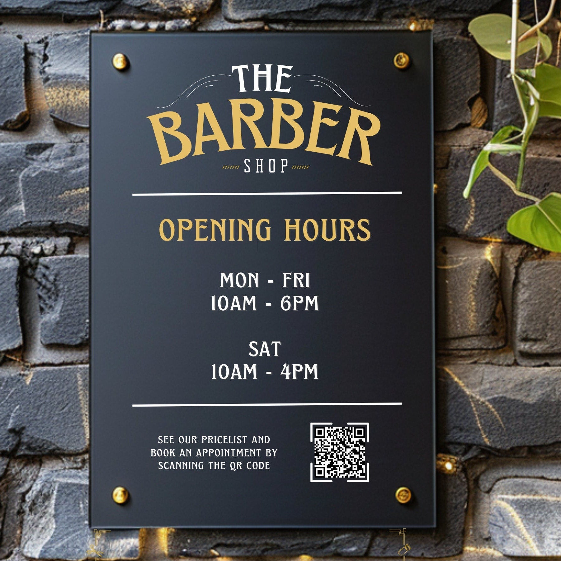 Personalised Barbershop Opening Hours Sign, Men's Grooming Pricelist and Booking Times. QR code for appointment booking or social media engagement