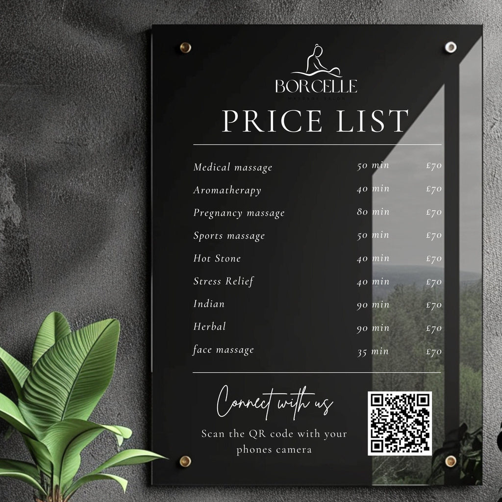 Black Personalised Acrylic Wall Sign, Treatment and Service Menu Price List. Suitable for Beauty Salons, Hairdressers, Aestheticians & Barbers. Scan to connect QR code for social media or Scan to pay option