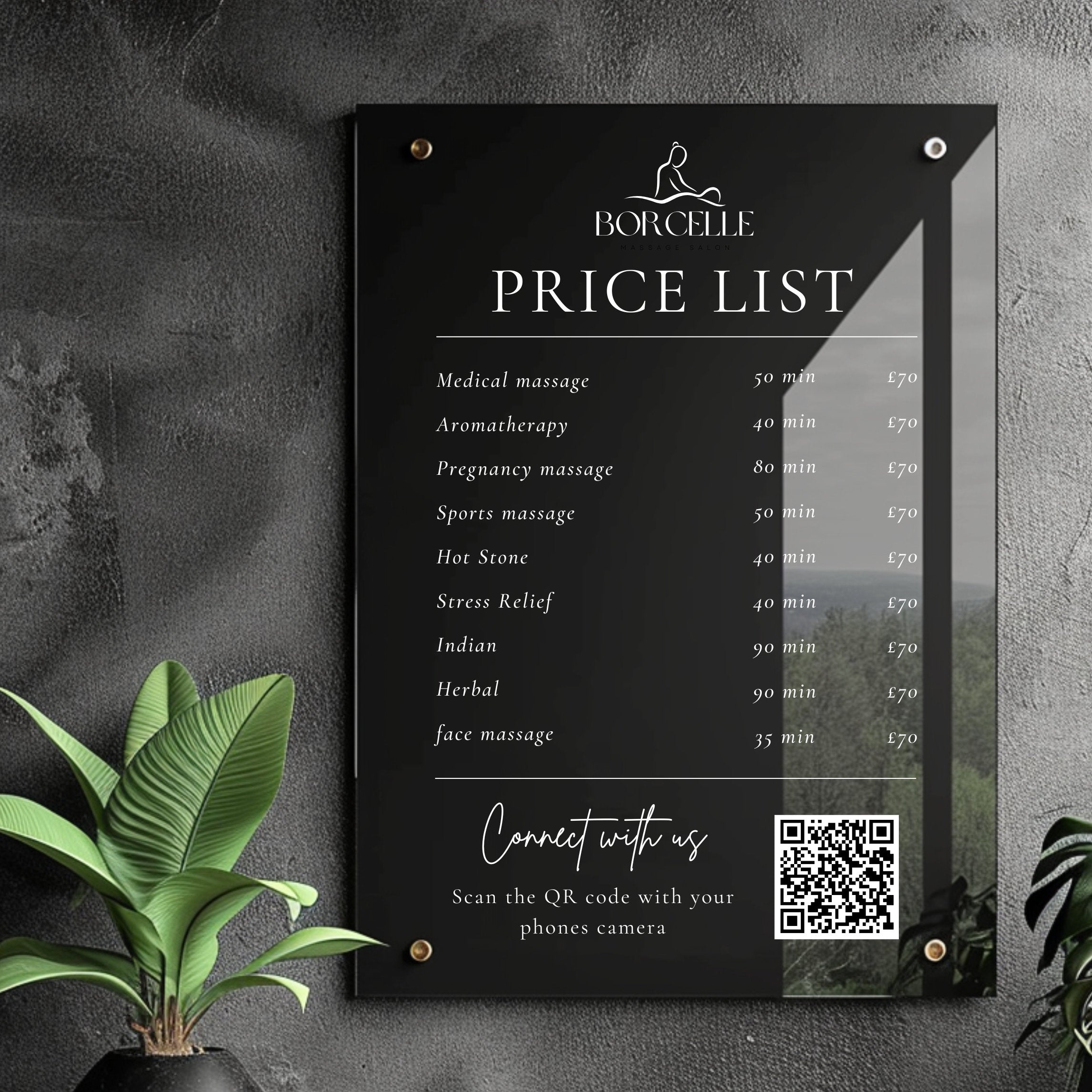 Personalised Clear  Acrylic Wall Sign, Treatment and Service Menu Price List. Suitable for Beauty Salons, Hairdressers, Aestheticians & Barbers. Scan to connect QR code for social media or Scan to pay option