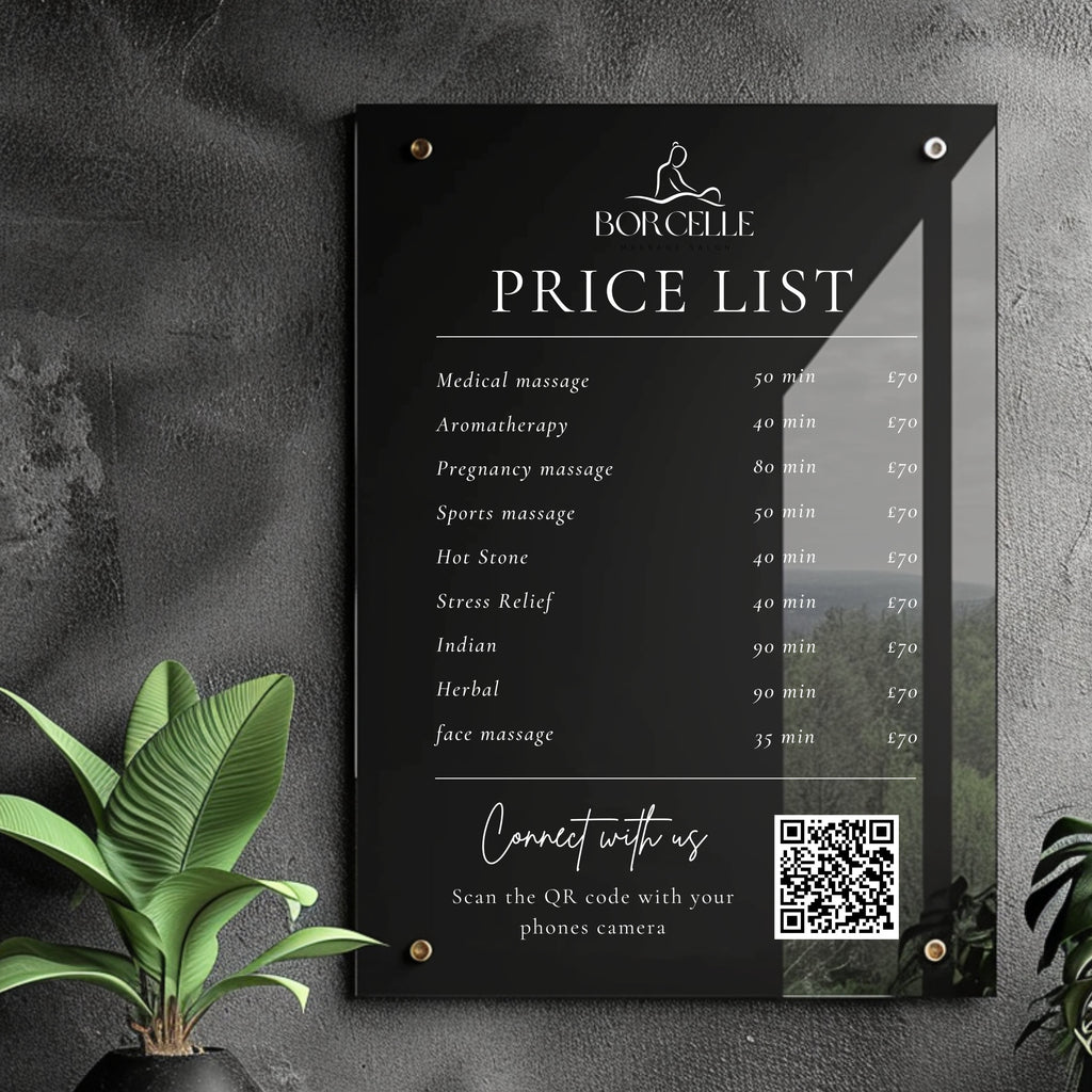 Personalised Clear  Acrylic Wall Sign, Treatment and Service Menu Price List. Suitable for Beauty Salons, Hairdressers, Aestheticians & Barbers. Scan to connect QR code for social media or Scan to pay option
