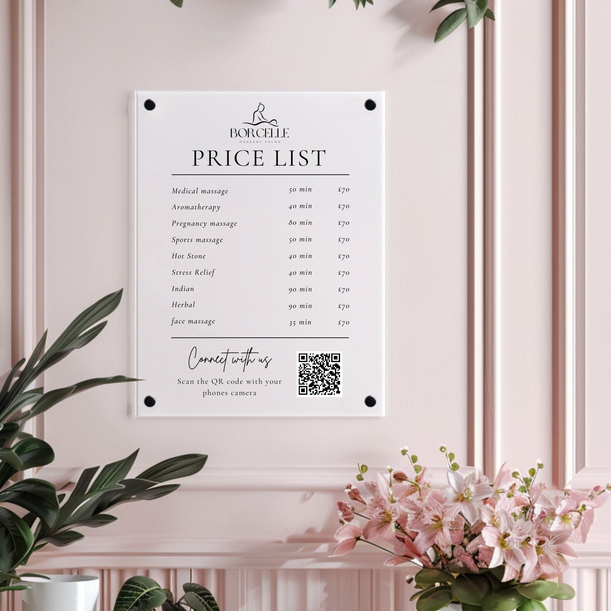 Personalised Clear  Acrylic Wall Sign, Treatment and Service Menu Price List. Suitable for Beauty Salons, Hairdressers, Aestheticians & Barbers. Scan to connect QR code for social media or Scan to pay option