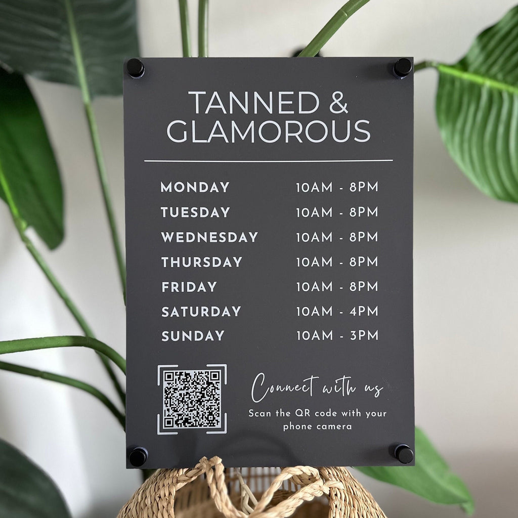 Custom Printed Acrylic Business Logo Sign, Personalised Shop Opening Times, QR Code Signage Plaque, Connect with us, Office, Reception, Door