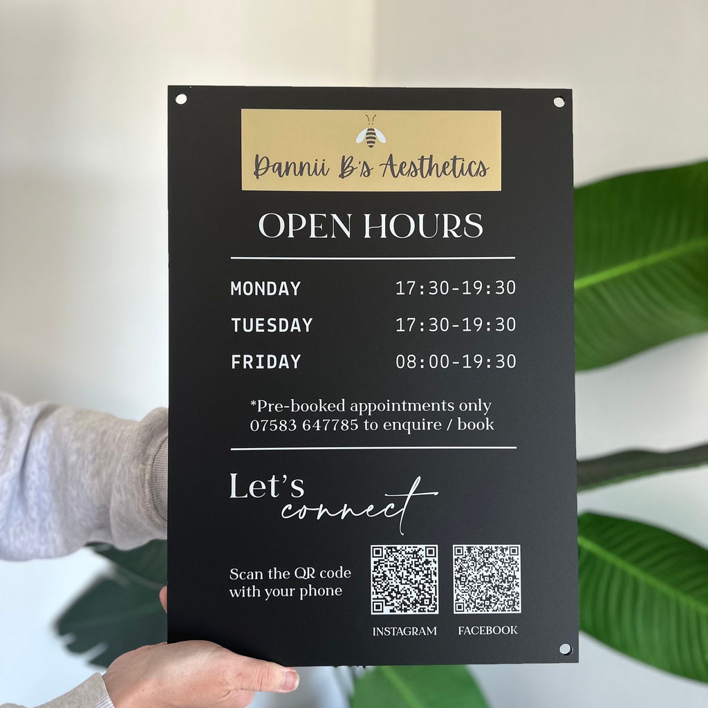Personalised Acrylic Business Logo Sign, Personalised Shop Opening Times, Business Hours information, QR Code Signage Plaque, Salon Signs,