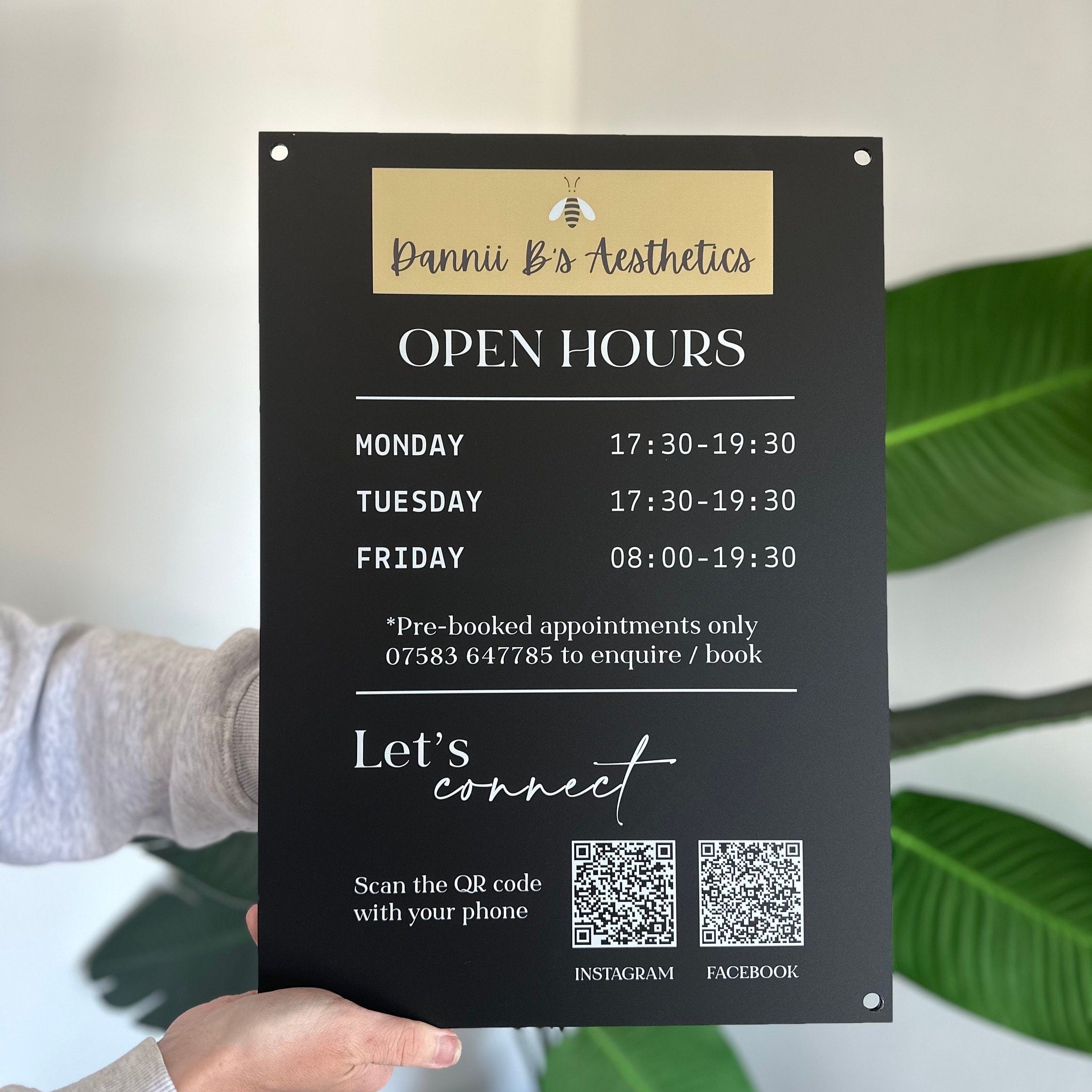 Personalised Acrylic Business Logo Sign, Personalised Shop Opening Times, Business Hours information, QR Code Signage Plaque, Salon Signs,