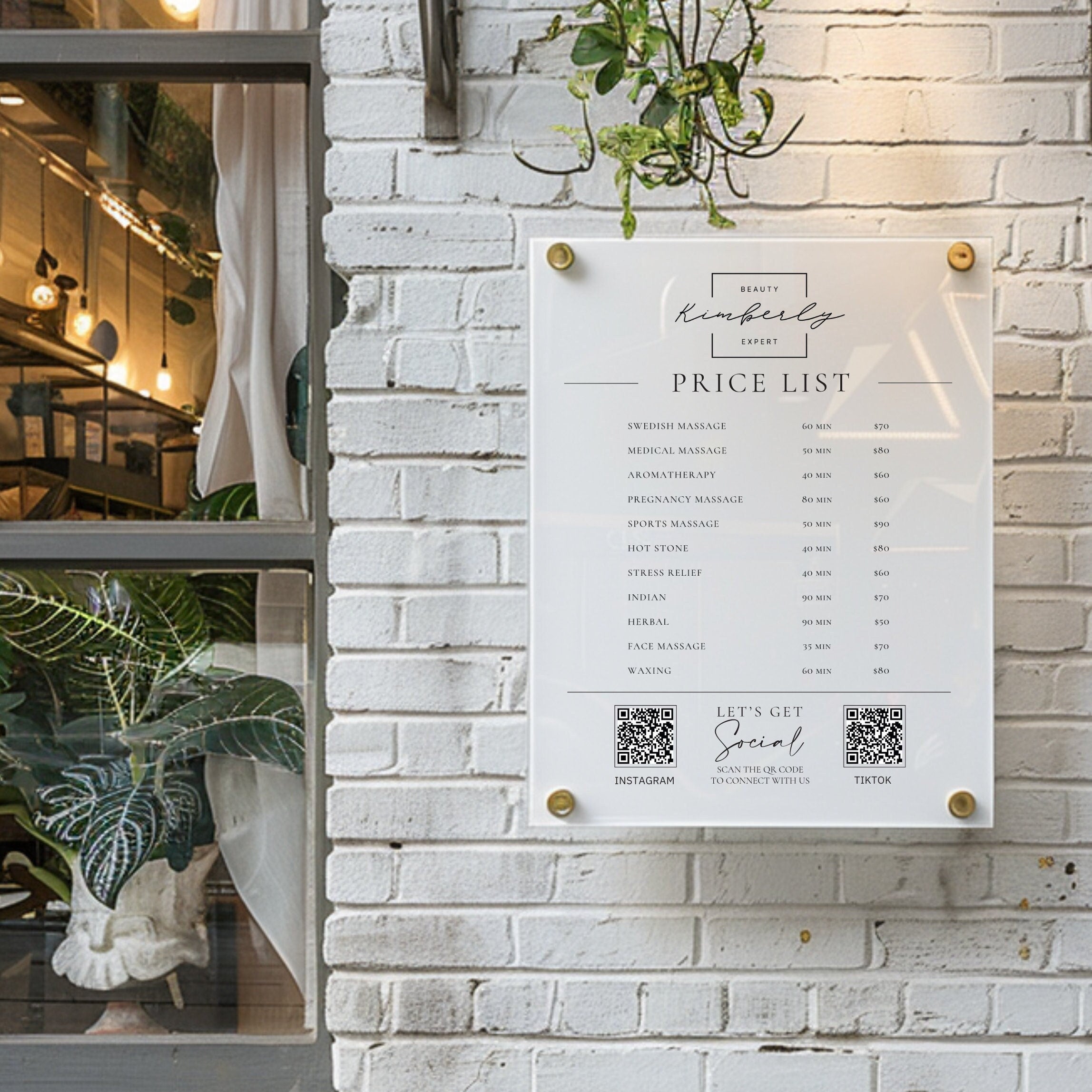 Personalised Acrylic Price List & QR Code | Beauty Salon Wall Sign | Hair Salon | White and Gold Price List | Treatment Board | Pricing Menu