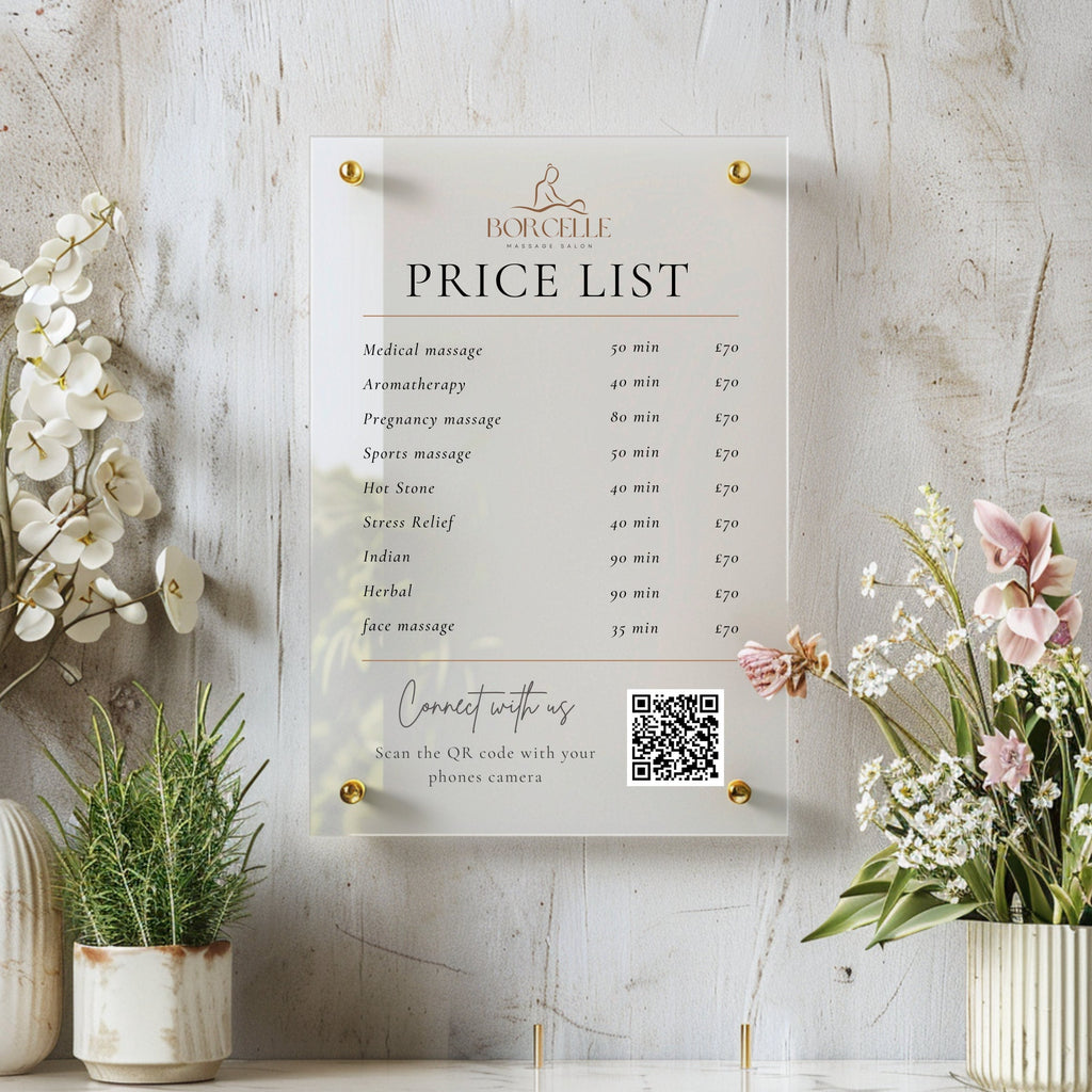 Personalised Clear  Acrylic Wall Sign, Treatment and Service Menu Price List. Suitable for Beauty Salons, Hairdressers, Aestheticians & Barbers. Scan to connect QR code for social media or Scan to pay option