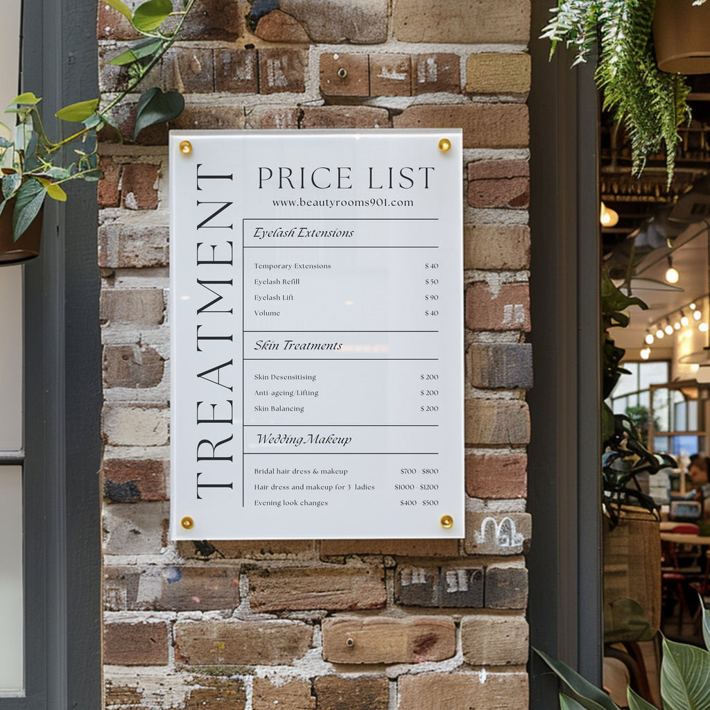 PERSONALISED WALL MOUNTED PRICE LIST PRINTED ON ACRYLIC SHEET