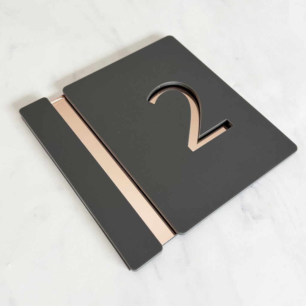 Personalised House Number Sign, Rose Gold Mirror Acrylic Sign, Slate Grey House Sign, Gold and Black House Sign