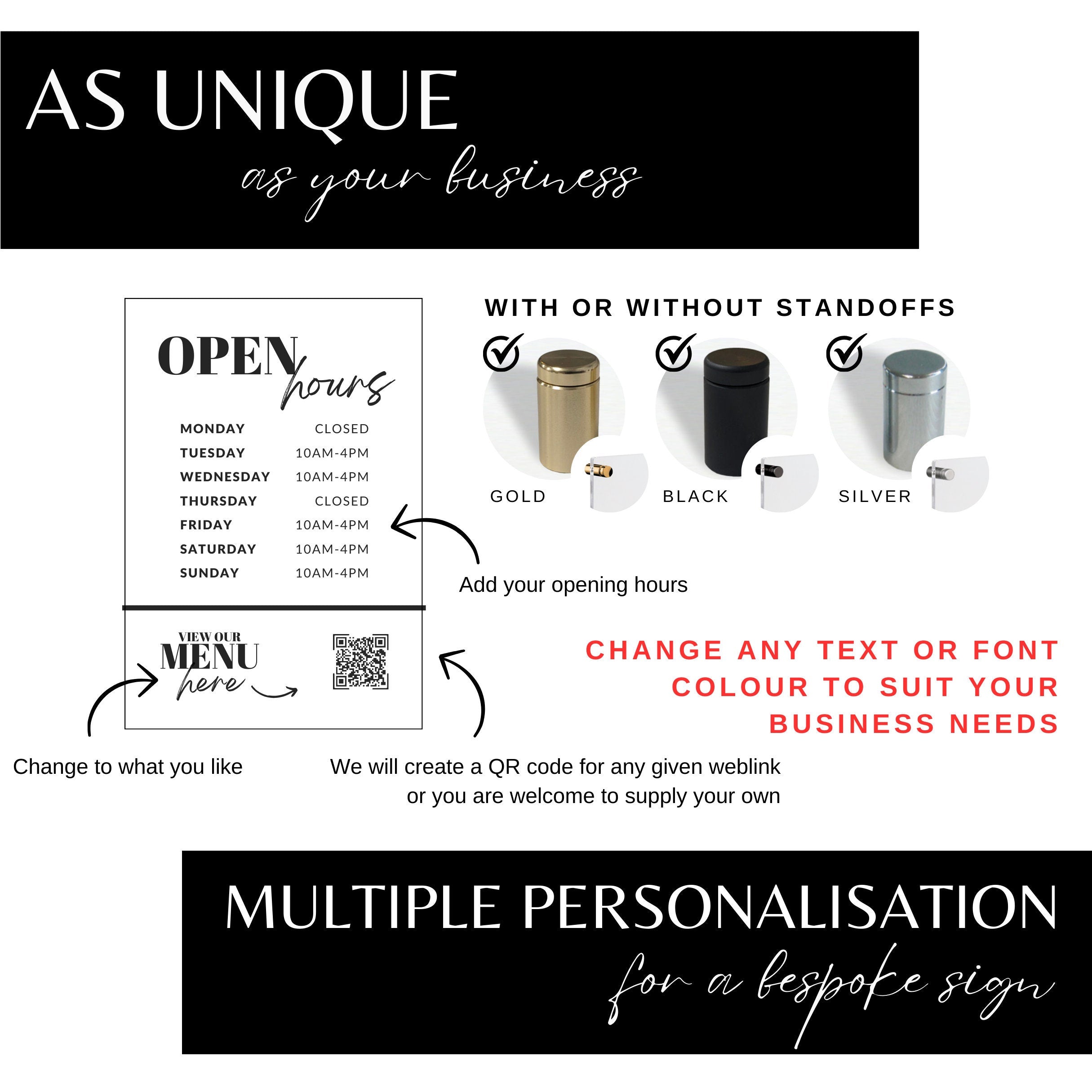 personalised business shop open times hours, wall mounted acrylic sign, scan to connect QR code sign, tap to pay