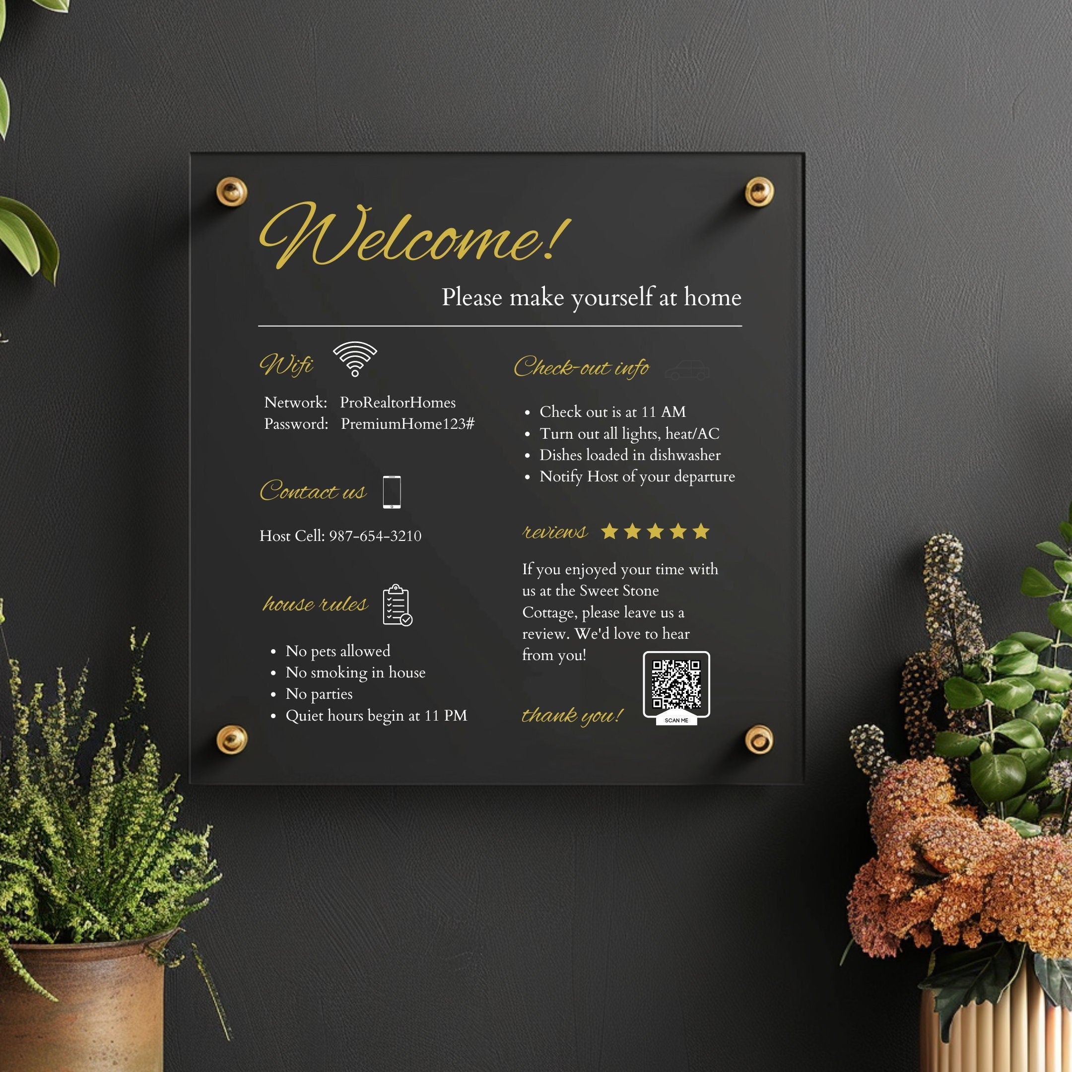 wall mounted airbnb host sign for rental information, holiday loet sign, Acrylic sign, qr code sign, information board