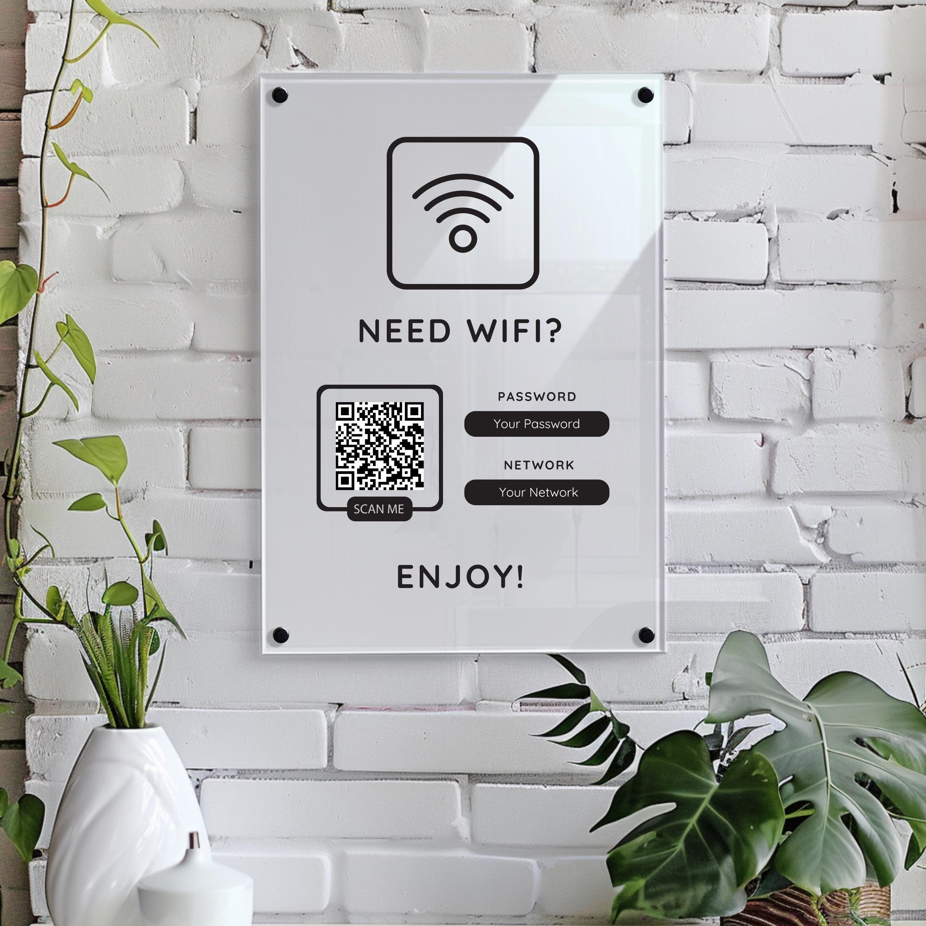 wifi acrylic wall sign, scan to connect QR code sign for AirBNB holiday rental, home, office or small business. personalised logo acrylic sign