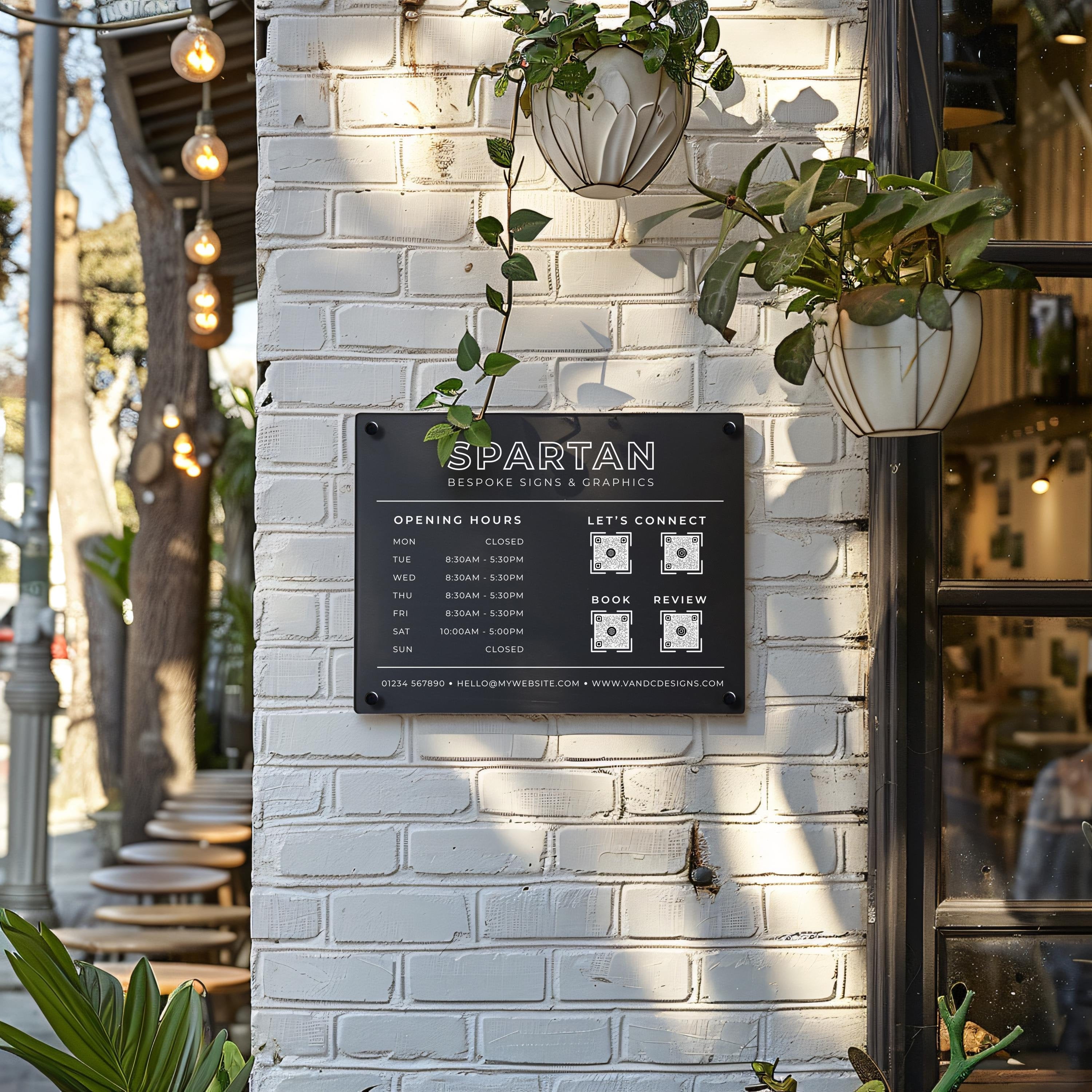 Personalized acrylic business hours sign with four QR codes